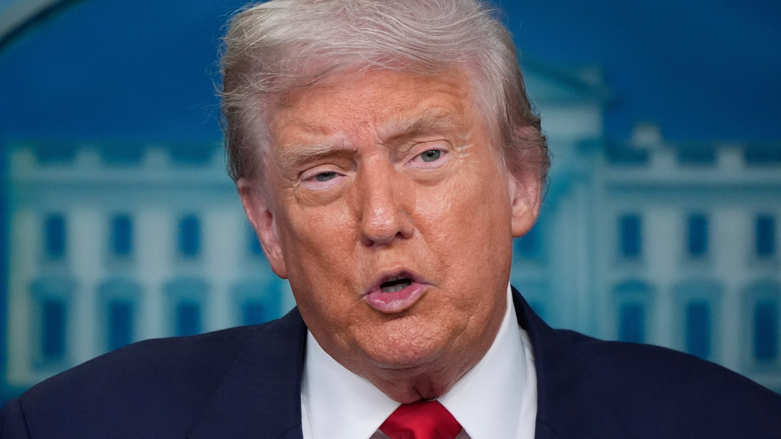 President Donald Trump speaks with reporters in the James Brady Press Briefing Room at the White House, Monday, Aug. 11, 2025, in Washington. (AP Photo/Alex Brandon)