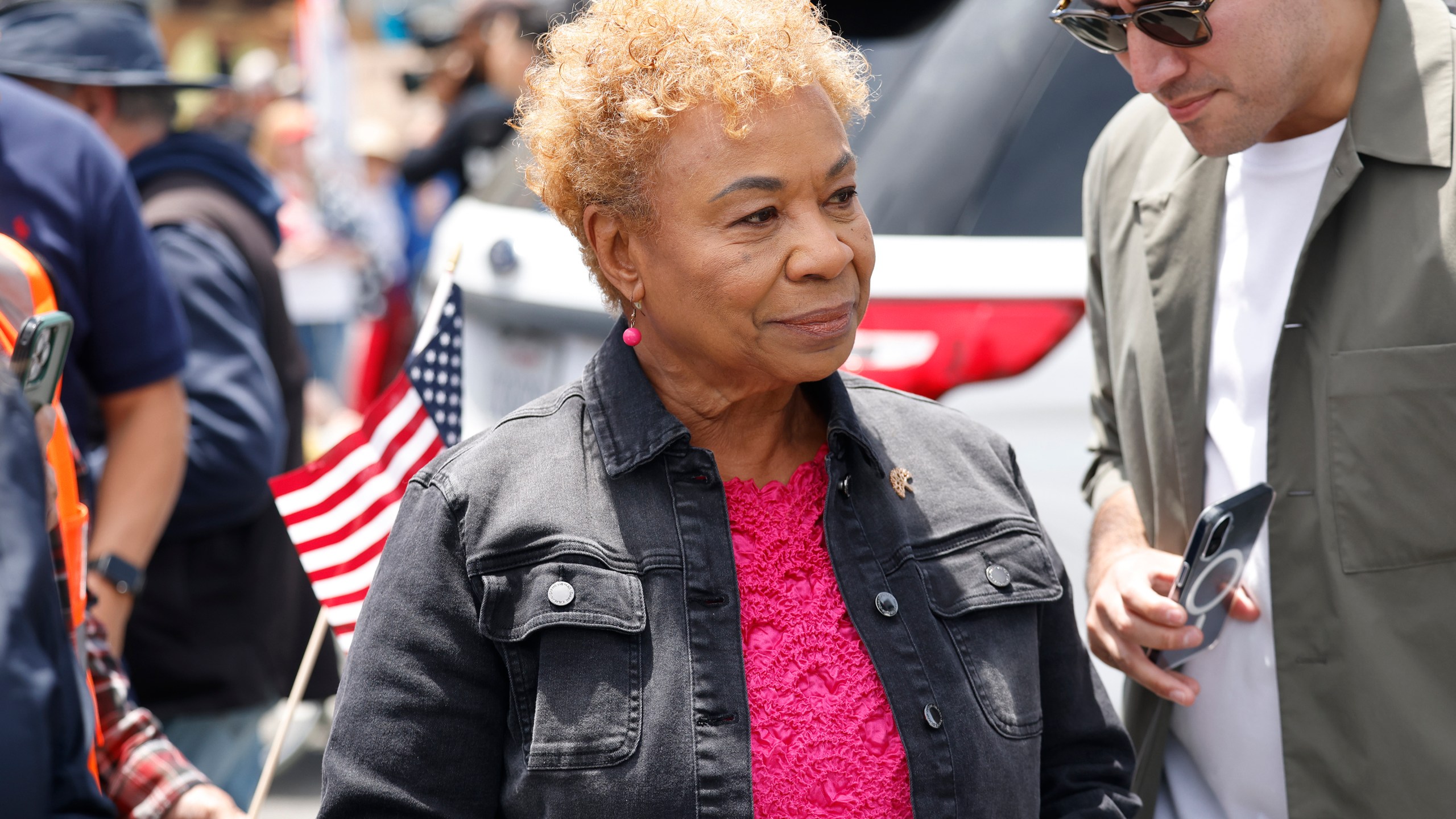 FILE - Oakland Mayor Barbara Lee speaks to the crowd at Wilma Chan Park before they march through downtown during a "No Kings" protest, June 14, 2025, in Oakland, Calif. (Jessica Christian/San Francisco Chronicle via AP, File)