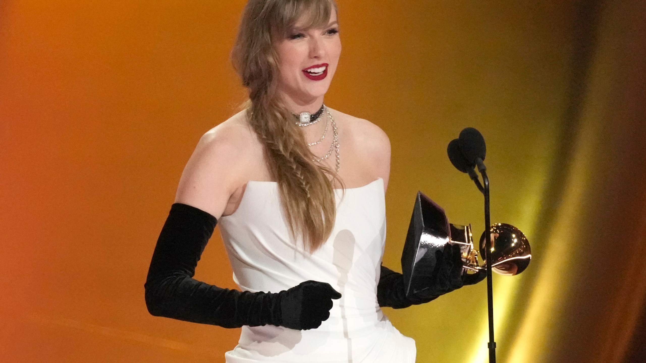 FILE - Taylor Swift accepts the award for best pop vocal album for "Midnights" during the 66th annual Grammy Awards on Feb. 4, 2024, in Los Angeles. (AP Photo/Chris Pizzello, File)