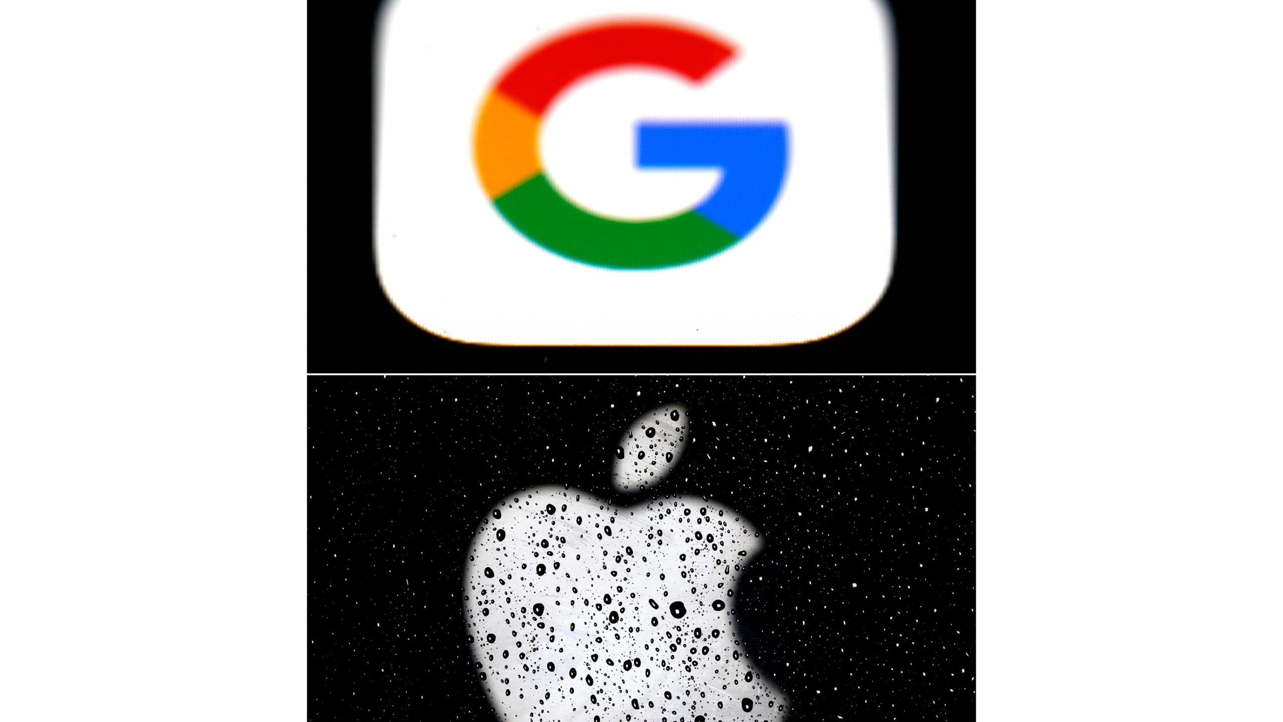 FILE - This combo of photos shows the logo for Google, top, and Apple, bottom, on Wednesday, May 20, 2020 in New York. (AP Photo/File)
