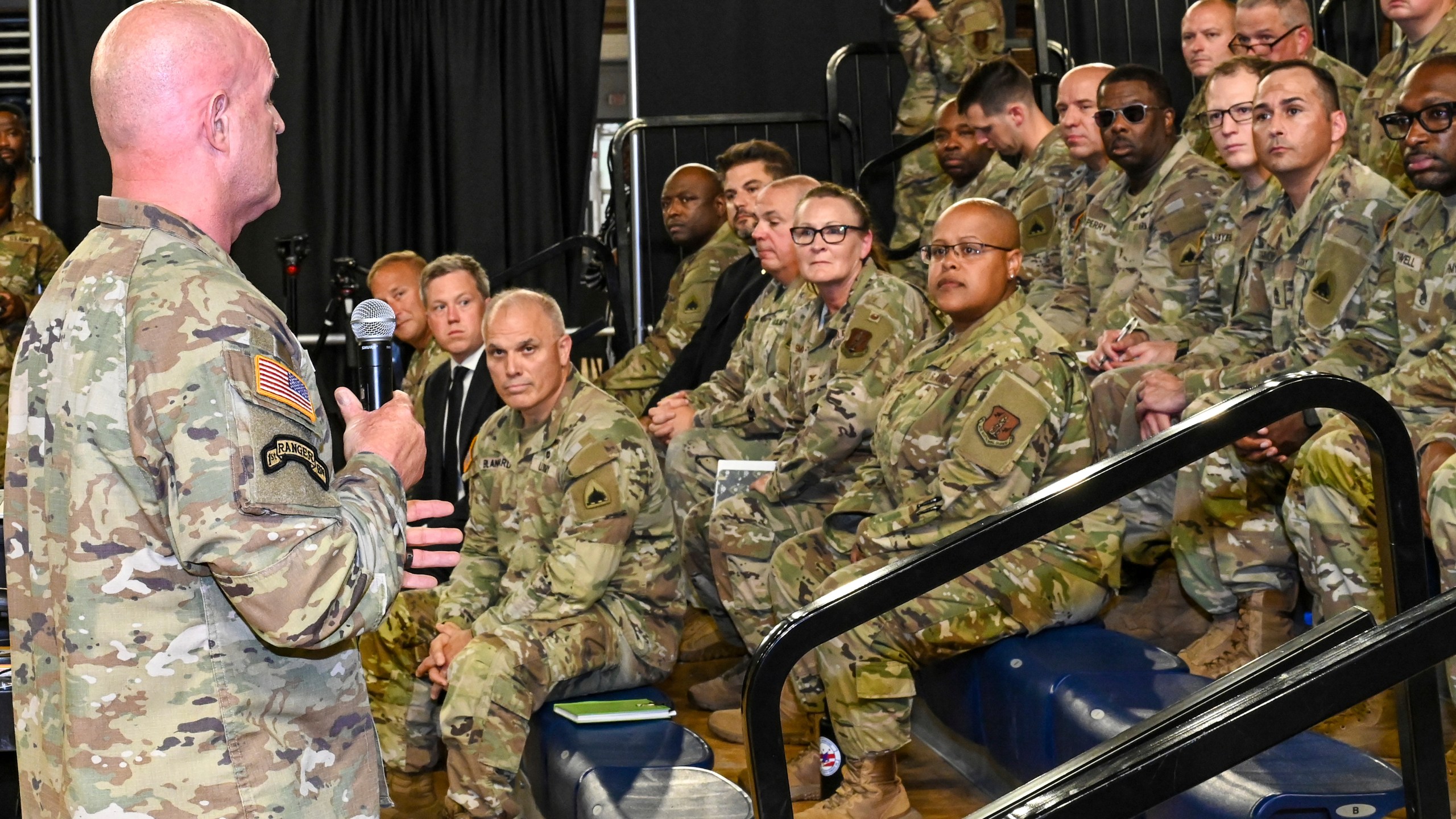In this image provided by the U.S. Army National Guard, Vice Chief of Staff of the Army Gen. James Mingus speaks with soldiers and airmen from the District of Columbia National Guard at the D.C. National Guard Armory in Washington, Tuesday, Aug. 12, 2025. (Sgt. 1st Class Christy L. Sherman/U.S. Army National Guard via AP)