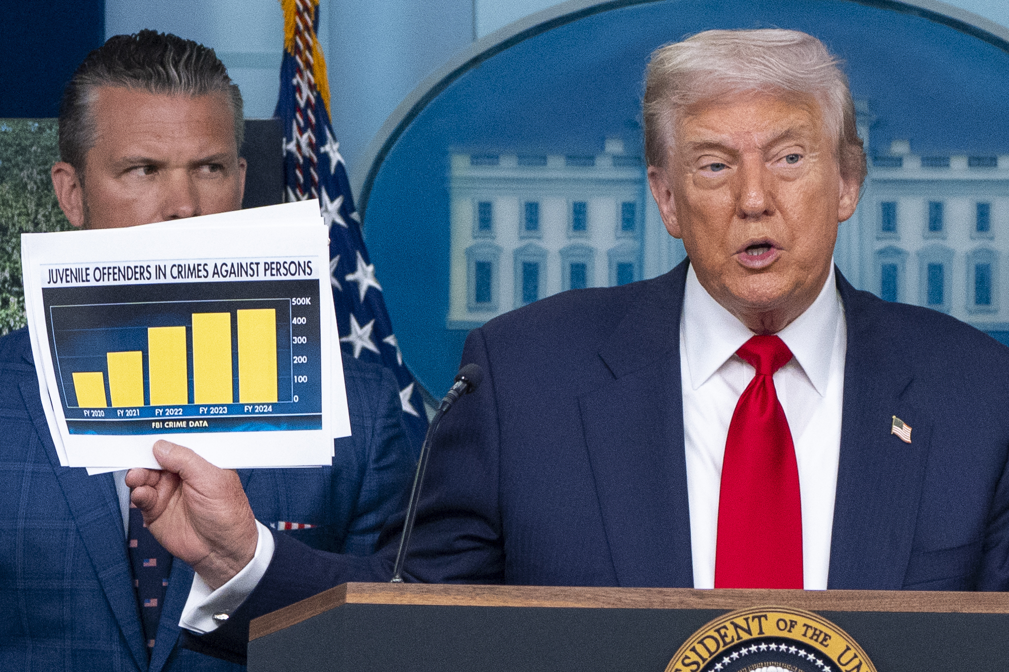 President Donald Trump holds up a chart in front of Defense Secretary Pete Hegseth as he speaks with reporters in the James Brady Press Briefing Room at the White House, Monday, Aug. 11, 2025, in Washington. (AP Photo/Alex Brandon)