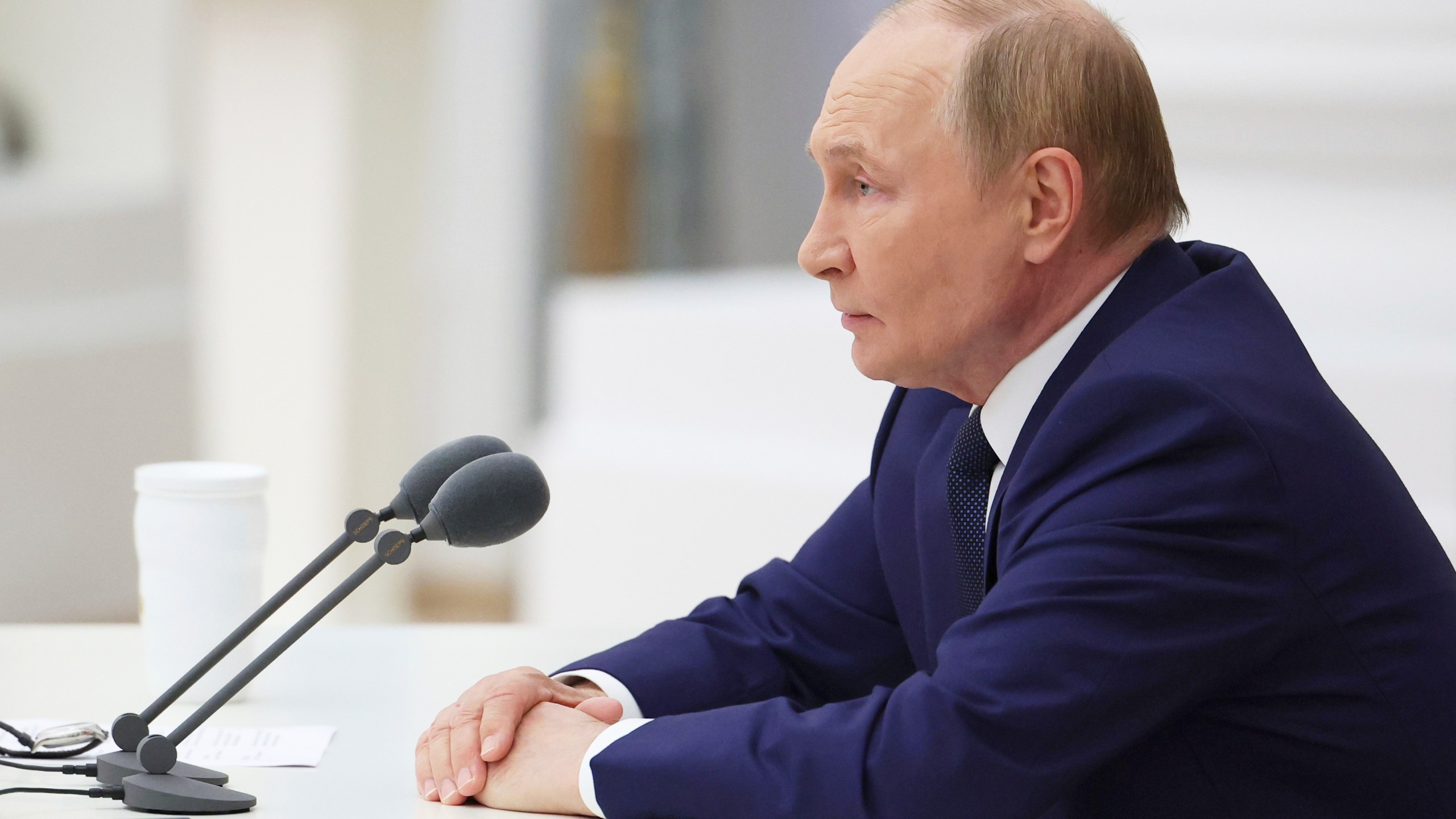 Russian President Vladimir Putin chairs a meeting at the Senate Palace of the Kremlin in Moscow, Russia, Thursday, Aug. 14, 2025, ahead of the Russia US summit. (Vyacheslav Prokofyev, Sputnik, Kremlin Pool Photo via AP)