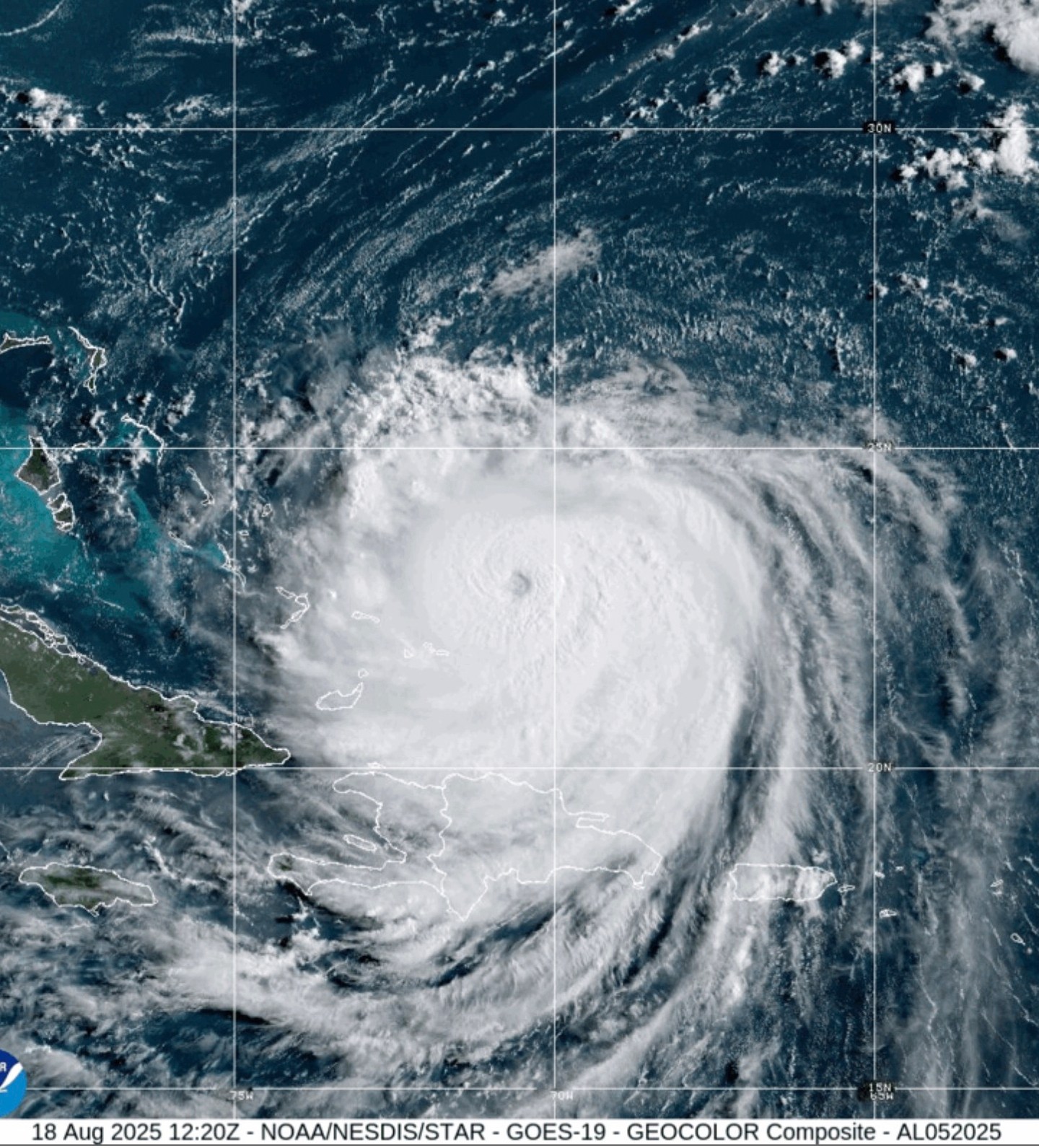This image provided by the National Oceanic and Atmospheric Administration (NOAA) shows Hurricane Erin on Monday, Aug. 18, 2025. (NOAA via AP)