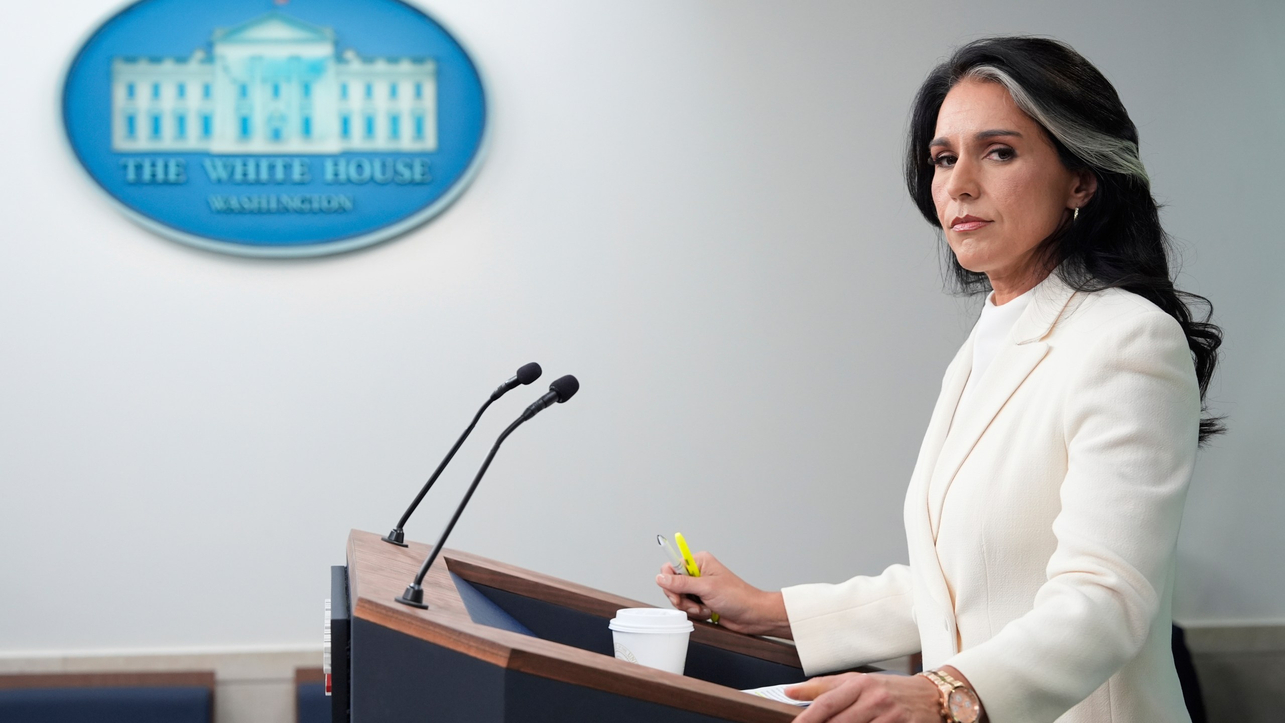 Director of National Intelligence Tulsi Gabbard, speaks with reporters in the James Brady Press Briefing Room at the White House, Wednesday, July 23, 2025, in Washington. (AP Photo/Alex Brandon)