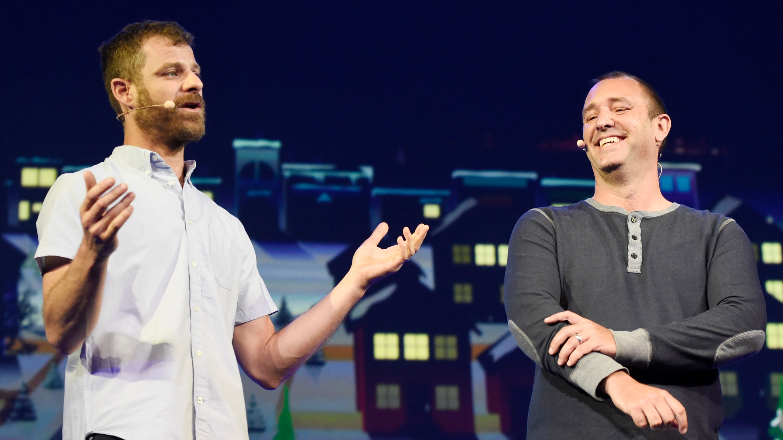 "South Park" creators Matt Stone, left, and Trey Parker speak at a conference
