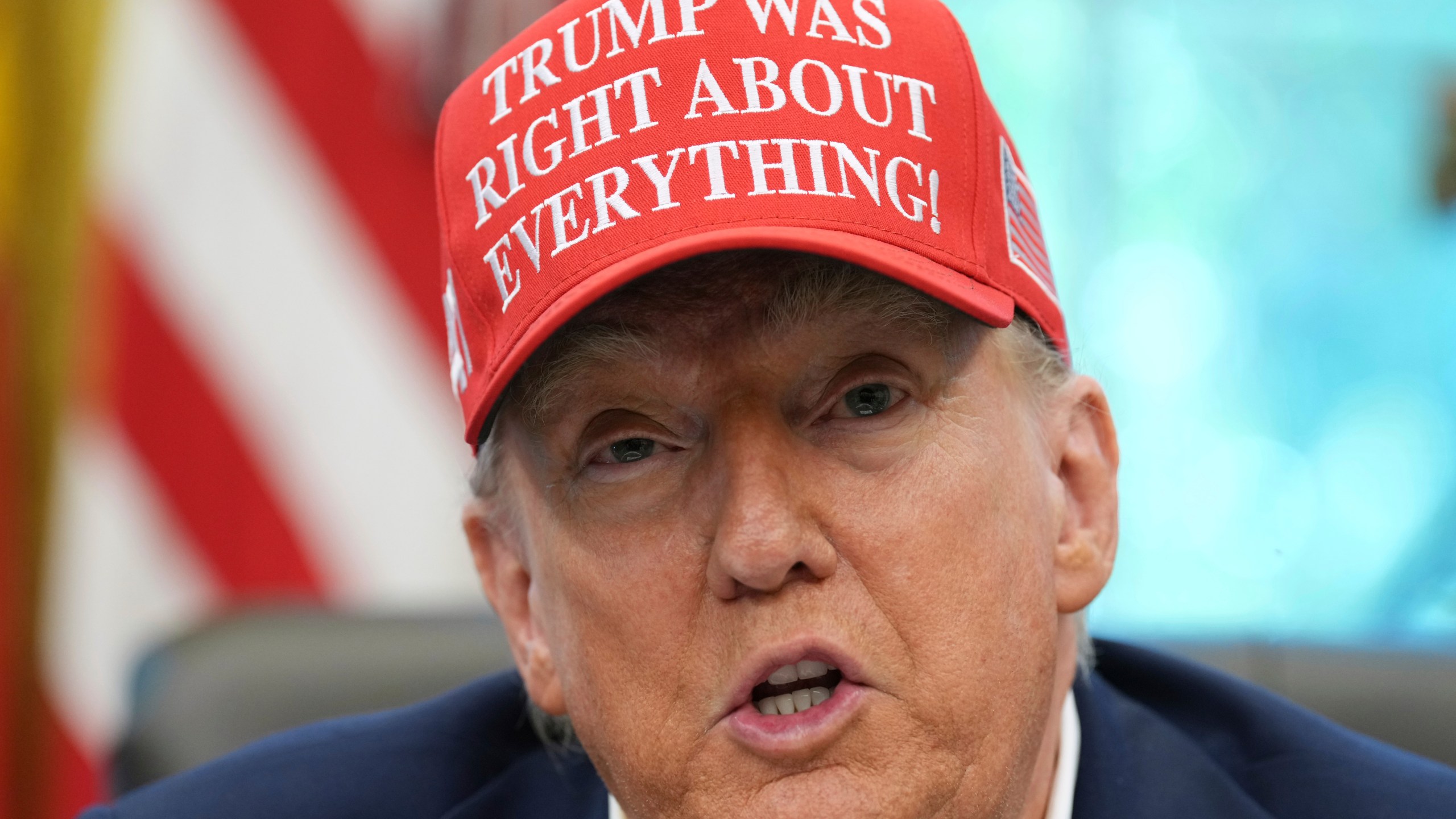 President Donald Trump speaks in the Oval Office of the White House, Friday, Aug. 22, 2025, in Washington. (AP Photo/Jacquelyn Martin)