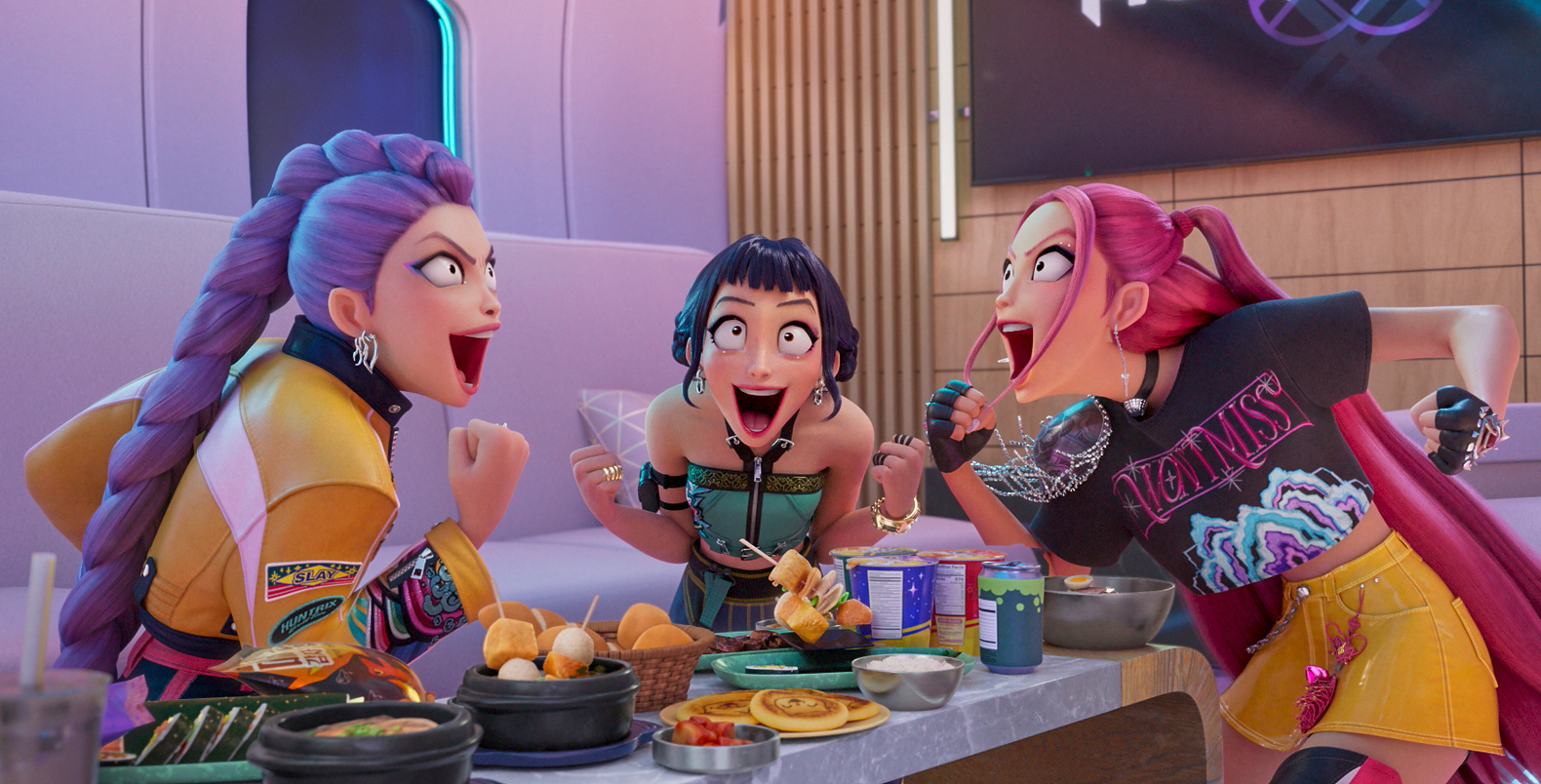 This image released by Netflix shows characters, from left, Rumi, Zoey, and Mira in a scene from "KPop Demon Hunters." (Netflix via AP)