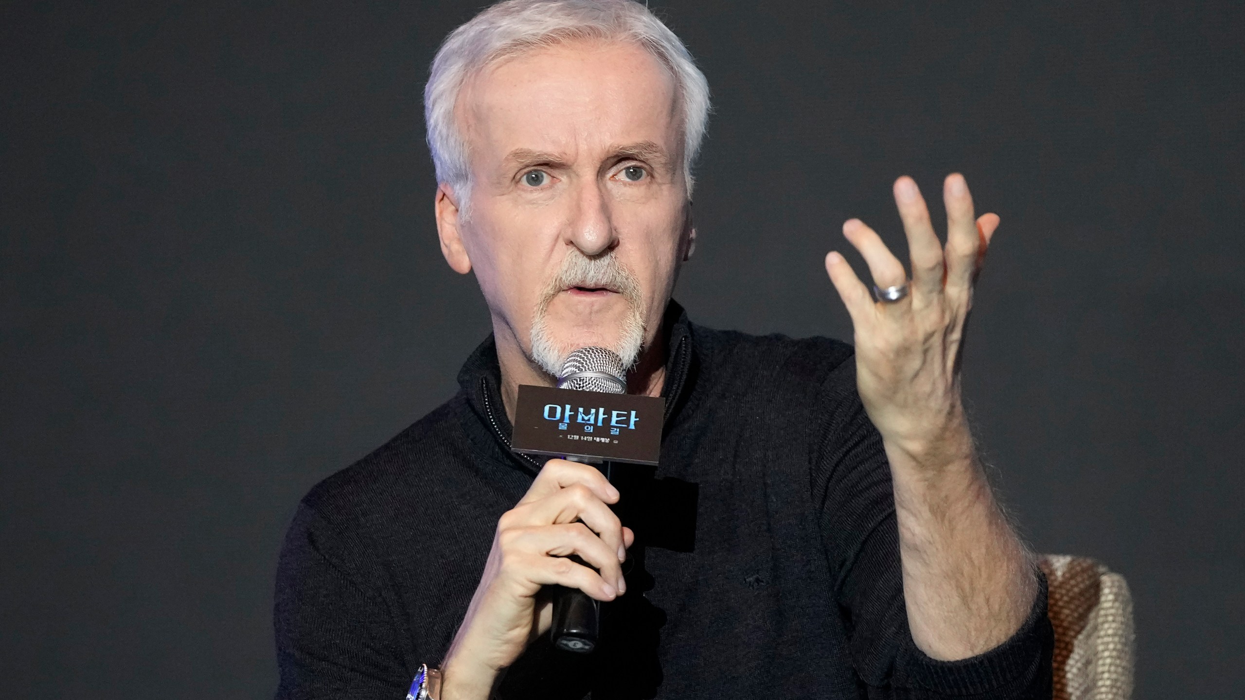 FILE - Director James Cameron speaks during the news conference to promote his latest movie "Avatar: The Way of Water" in Seoul, South Korea, on Dec. 9, 2022. (AP Photo/Ahn Young-joon, File)