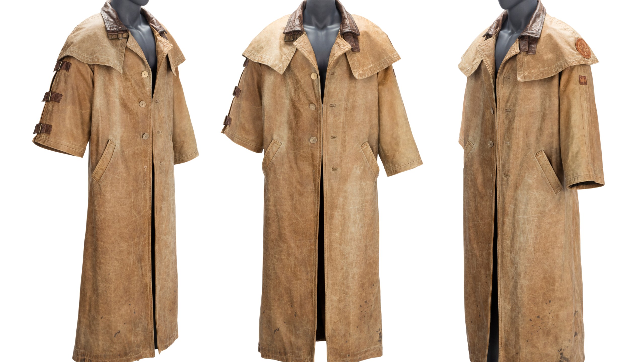 This combination of images released by Heritage Auctions shows various angles of a leather duster trench coat worn by actor Ron Perlman in "Hellboy," an item up for auction from the collection of filmmaker Guillermo del Toro. (Heritage Auctions via AP)