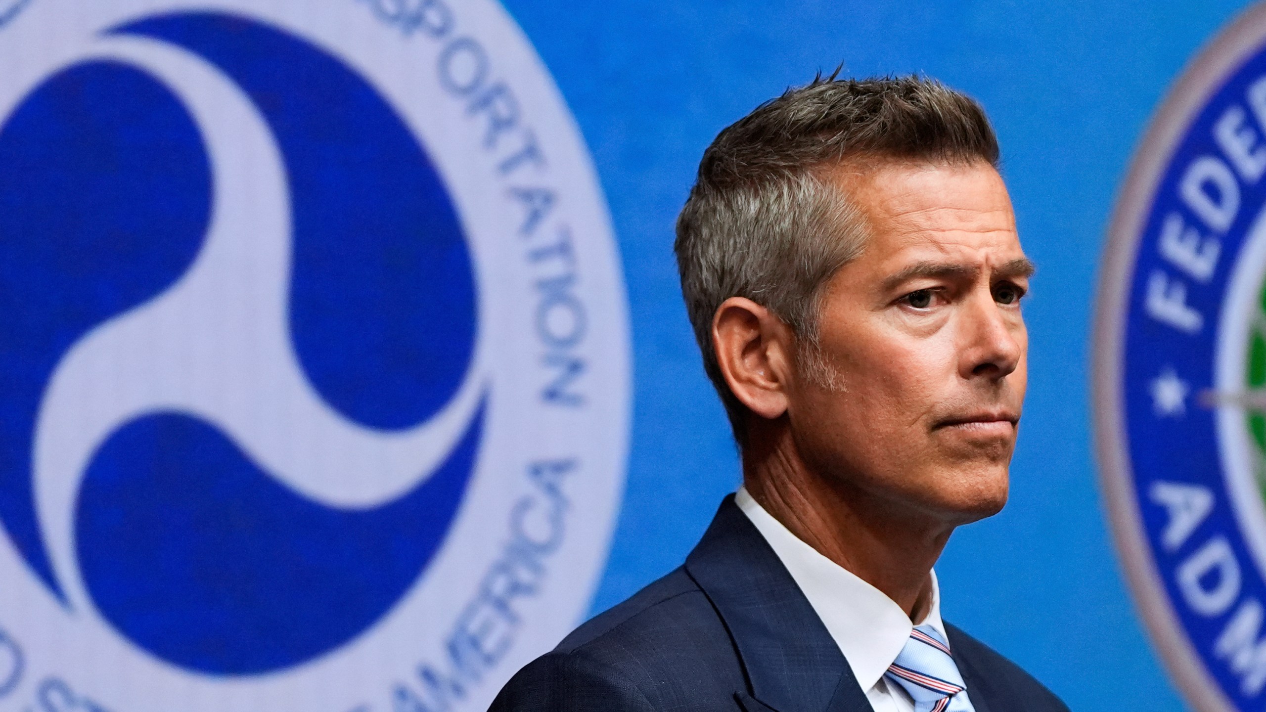 Transportation Secretary Sean Duffy looks during a news conference, Aug. 5, 2025, at the Department of Transportation in Washington.
