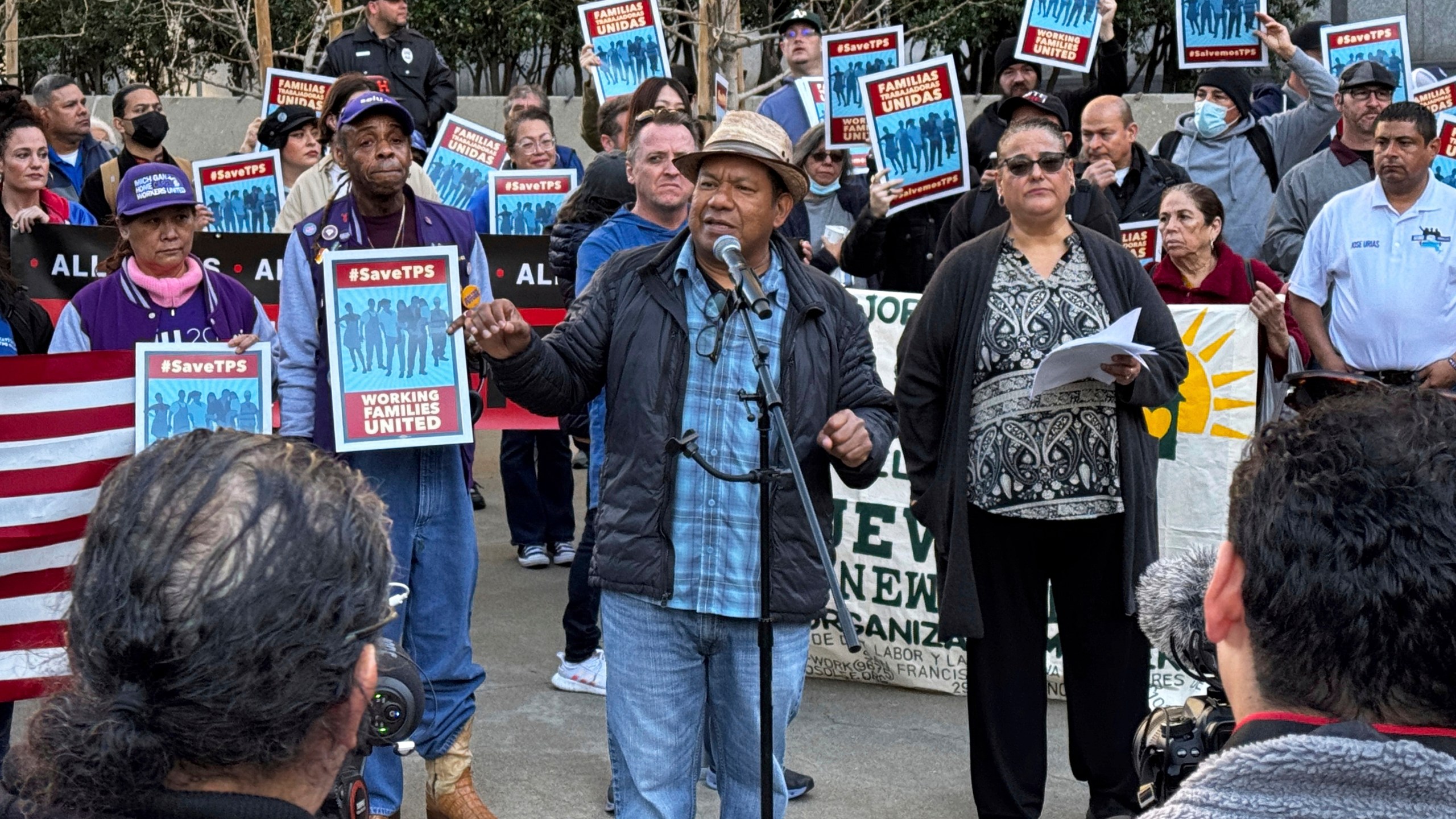 FILE - Immigrant rights supporters hold a rally in front of the federal courthouse in San Francisco, on Monday, March 24, 2025, ahead of a hearing for a lawsuit against the Trump administration. (AP Photo/Terry Chea, File)