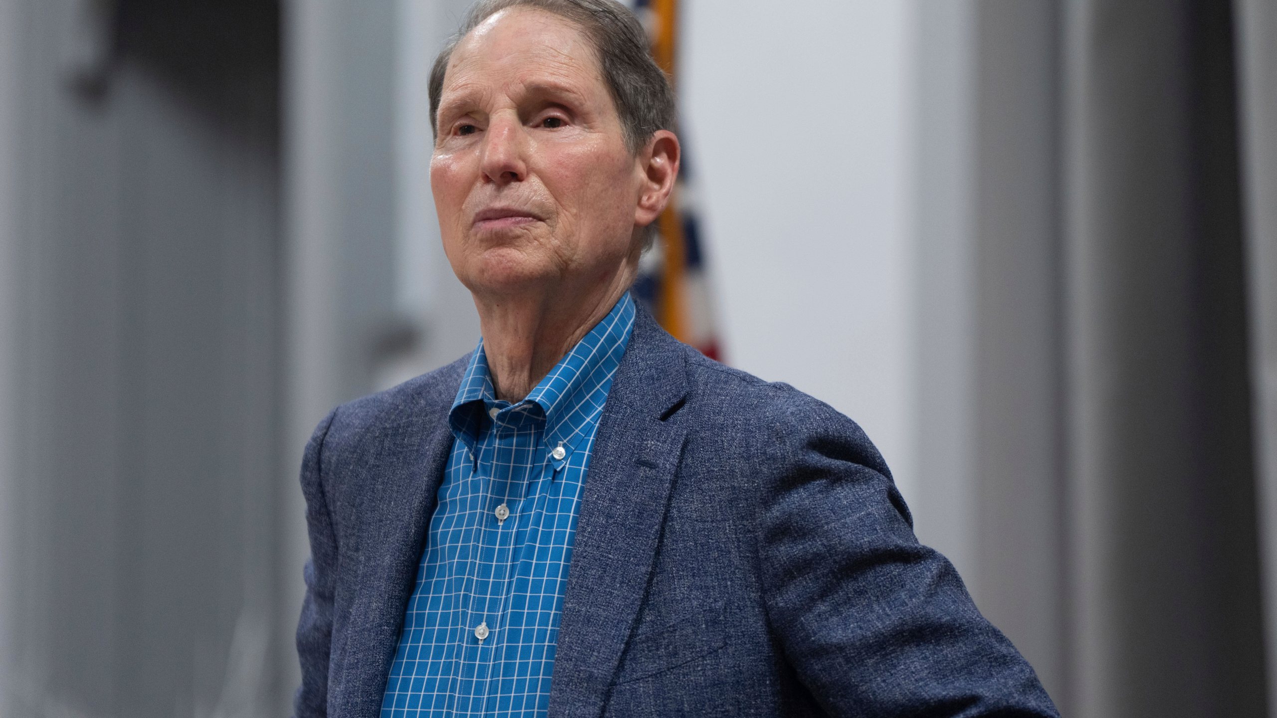 Sen. Ron Wyden, D-Ore., listens during a town hall meeting on Friday, July 25, 2025, in Wasco, Ore. (AP Photo/Jenny Kane)