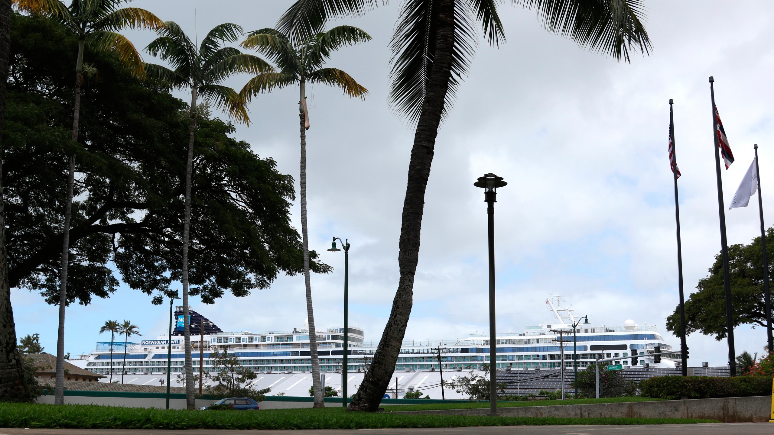 FILE - The Norwegian Jewel, background, is docked in Honolulu, March 23, 2020. (AP Photo/Caleb Jones, File)