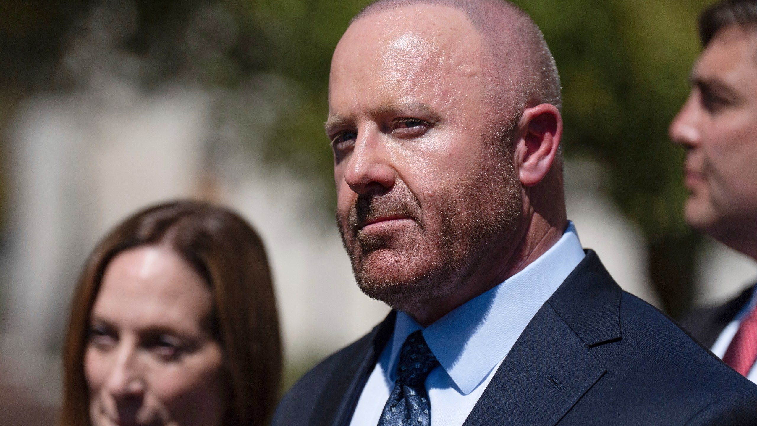 Mathew Bowyer, who pled guilty a year ago to running an illegal gambling business, money laundering and filing a false tax return, speaks at a news conference outside federal court, Friday, Aug. 29, 2025, in Santa Ana, Calif., following his sentencing to 12 months and one day in prison. (AP Photo/Jae C. Hong)