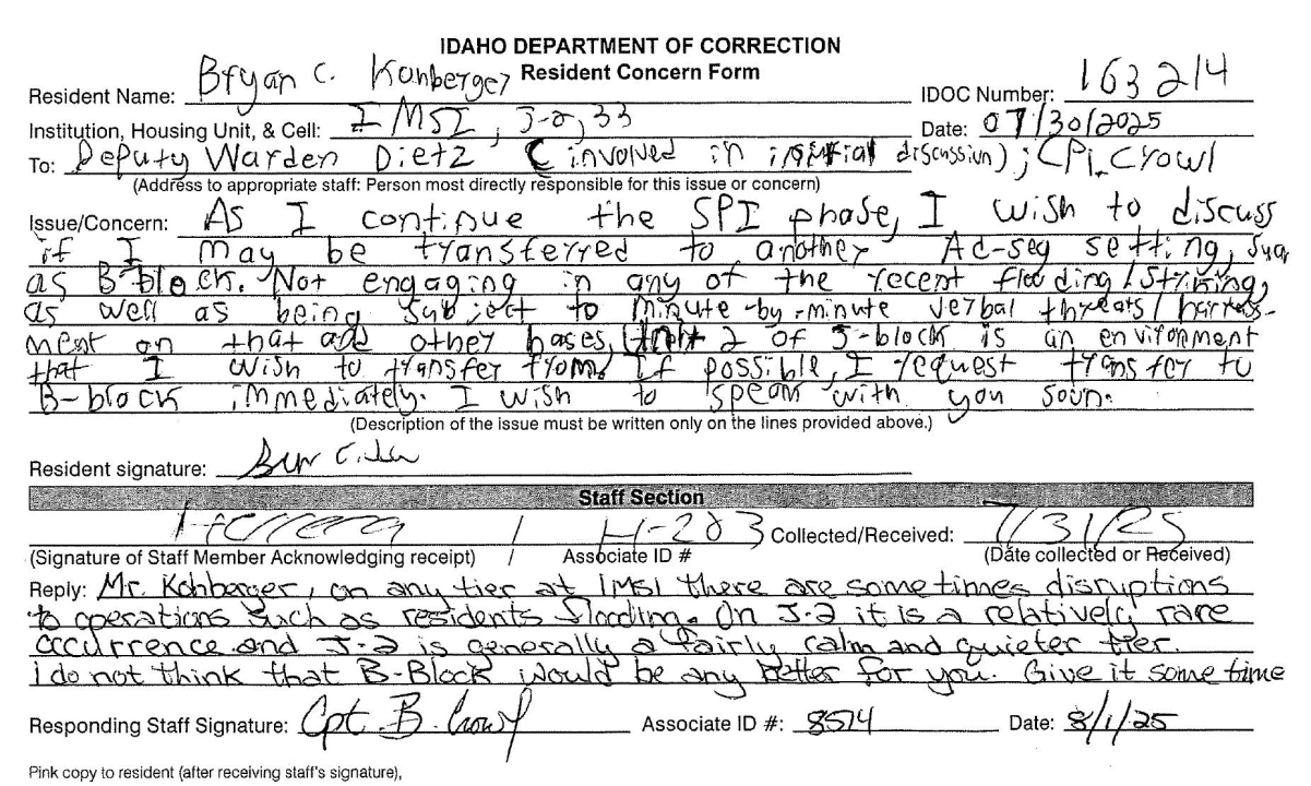 hand-written complaint from Bryan Kohberger, black and white text