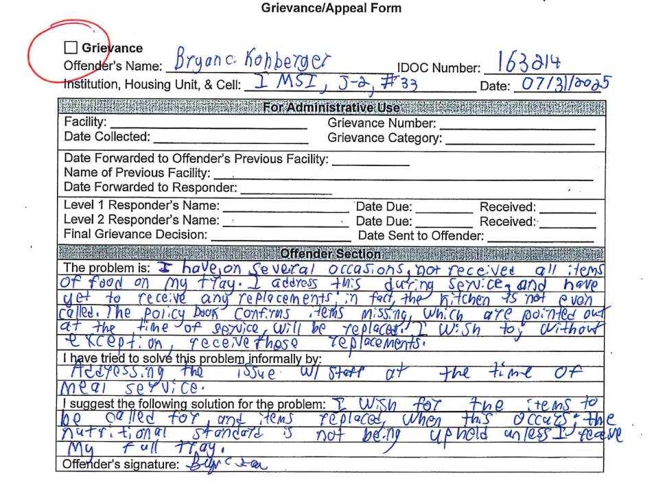 handwritten grievance by Bryan Kohberger