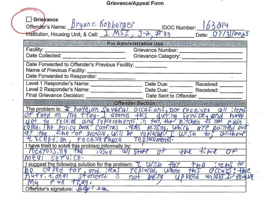 handwritten grievance by Bryan Kohberger