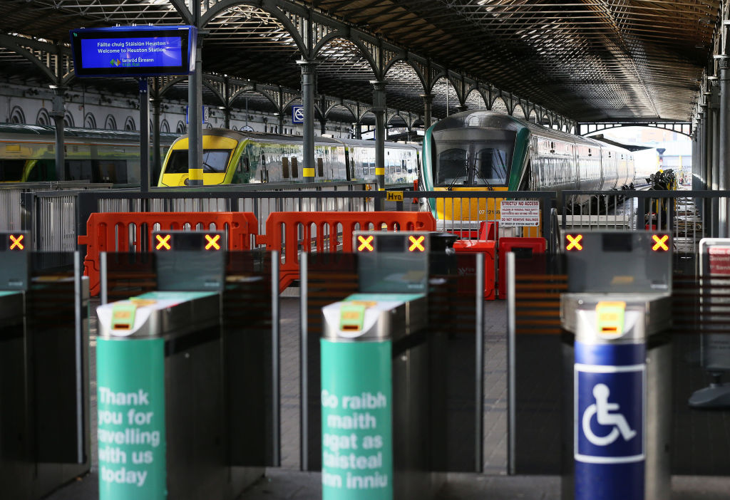 Trains sit idle on the platforms at Heuston Station, Dublin.