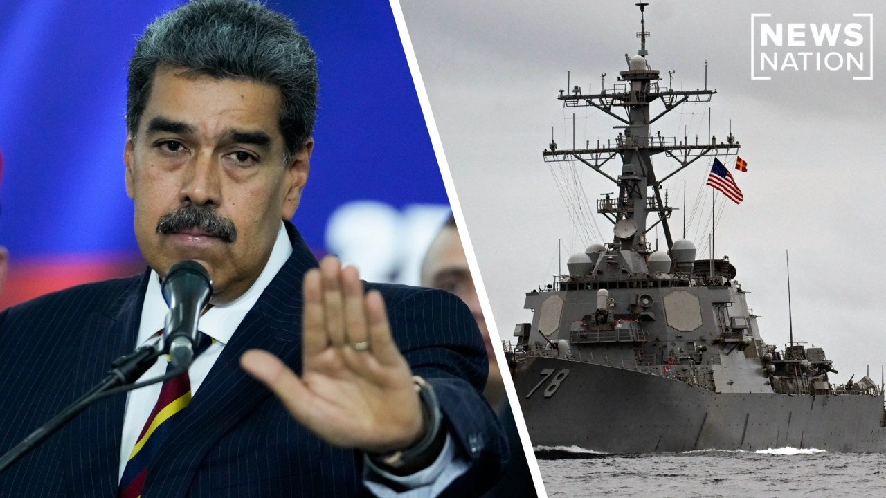 A photo of Nicolas Maduro next to a photo of the USS Sampson