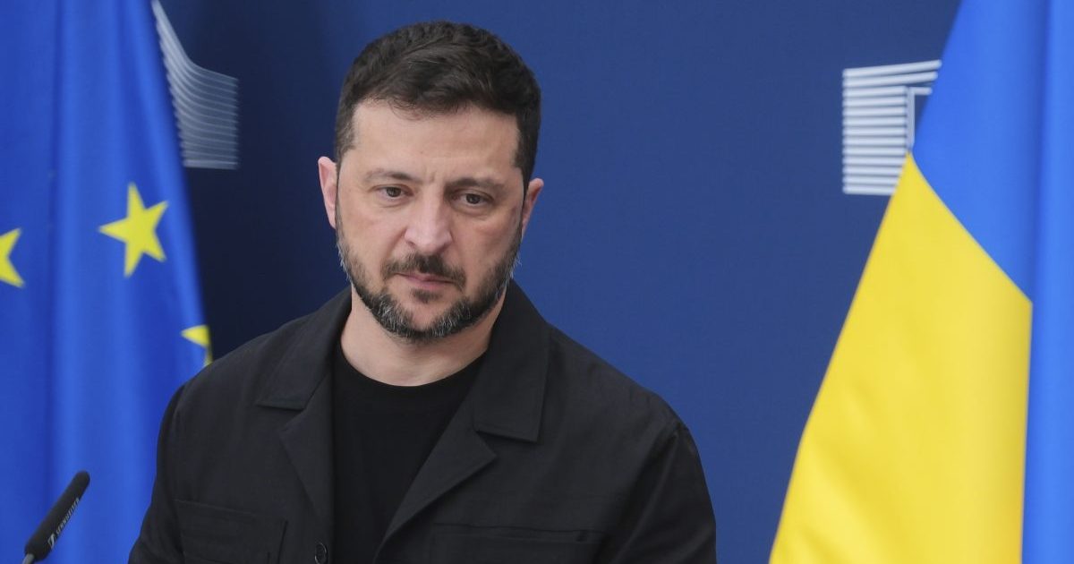 Ukraine's President Volodymyr Zelenskyy speaks during a media conference at EU headquarters in Brussels, Belgium, Sunday, Aug. 17, 2025. (AP Photo)