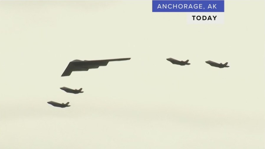 F-22s and B2 bombers soar above Joint Base Elmendorf-Richardson