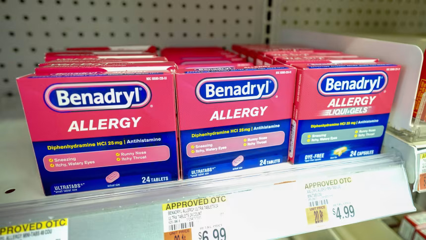 A view of over-the-counter Johnson & Johnson (OTC) Benadryl, over-the-counter (OTC) allergy medicine diphenhydramine.