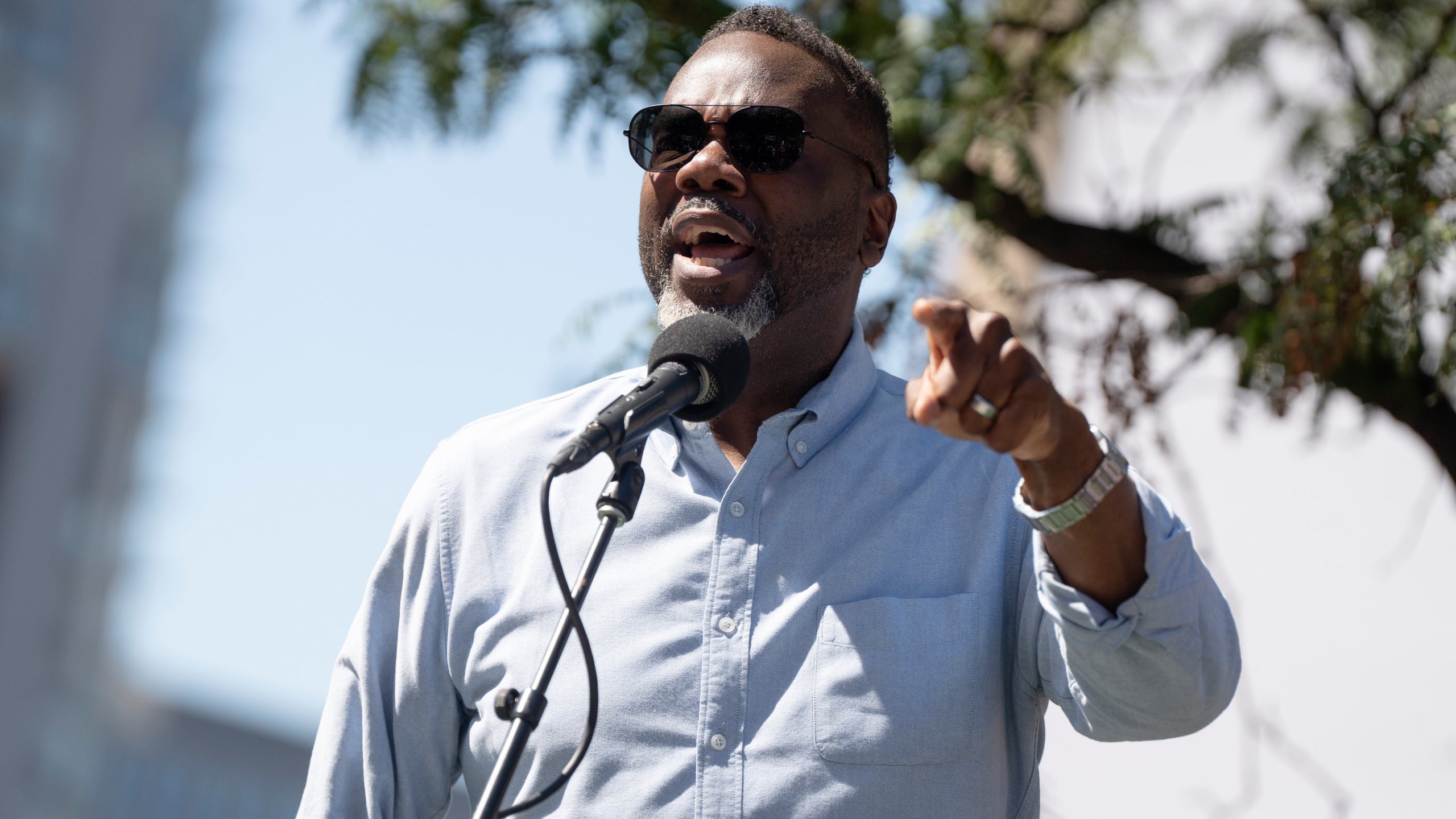 Chicago Mayor Brandon Johnson speaks near the Haymarket Memorial in the West Loop during a march where activists, workers and politicians spoke against President Donald Trump and advocated for workers' rights, on Labor Day, Monday, Sept. 1, 2025. (Pat Nabong/Sun-Times/Chicago Sun-Times, via AP)