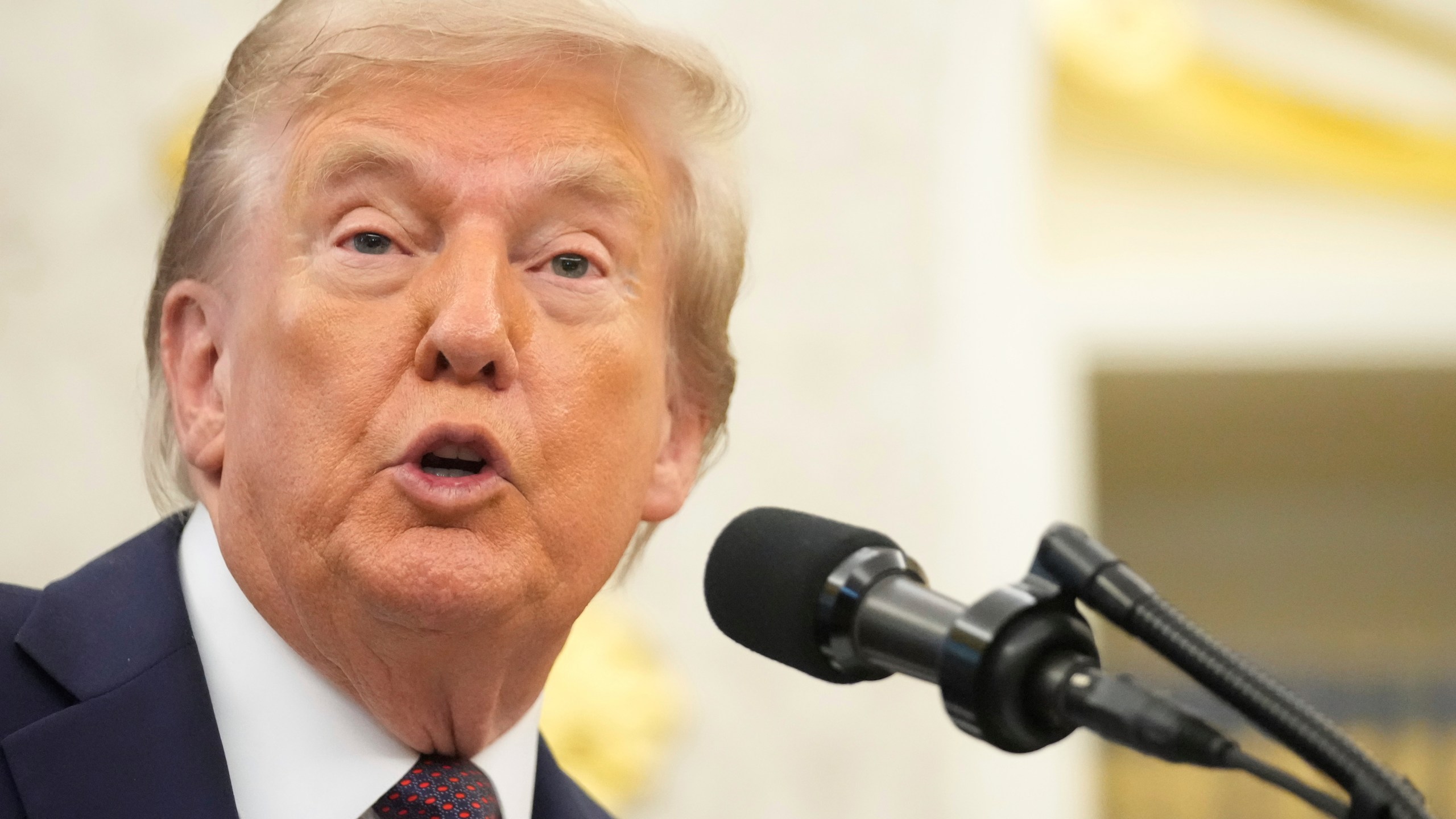 President Donald Trump speaks during an event about the relocation of U.S. Space Command headquarters from Colorado to Alabama in the Oval Office of the White House, Tuesday, Sept. 2, 2025, in Washington. (AP Photo/Mark Schiefelbein)