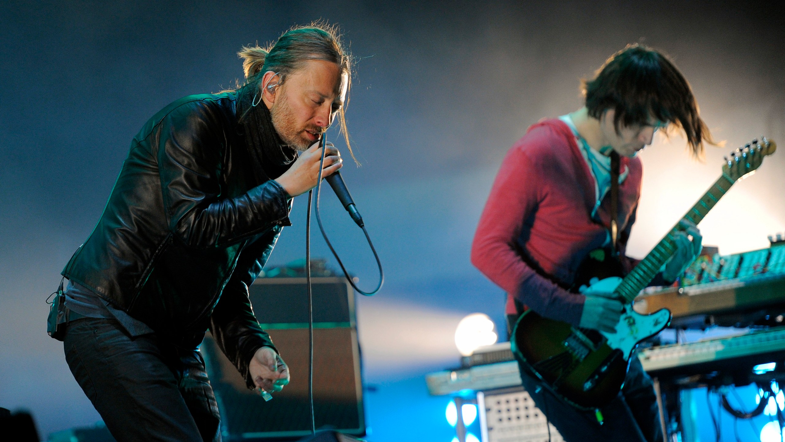 FILE - In this April 14, 2012 file photo, Thom Yorke, left, and Jonny Greenwood of Radiohead perform during the band's headlining set at the 2012 Coachella Valley Music and Arts Festival in Indio, Calif. (AP Photo/Chris Pizzello, File)