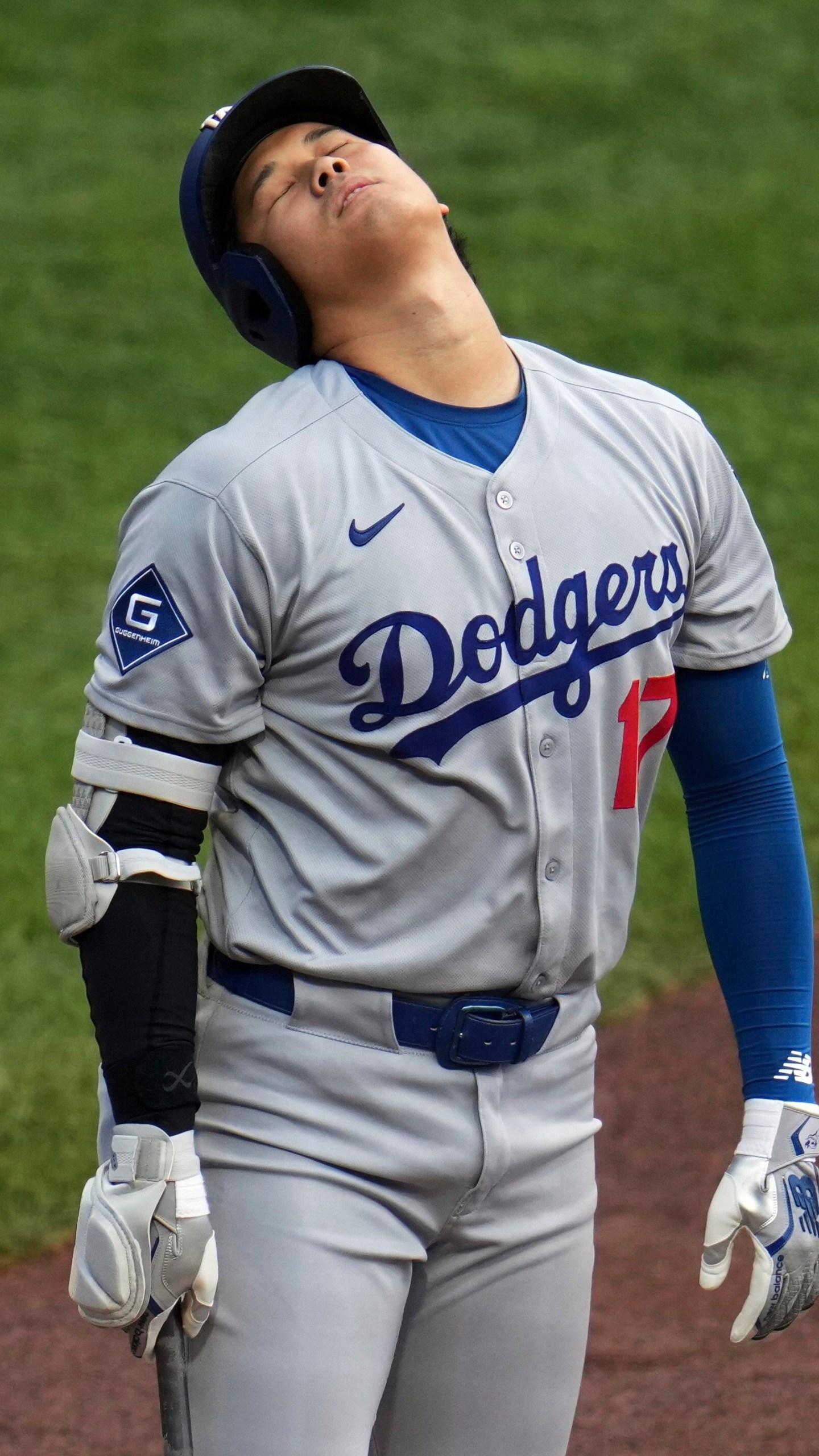 Los Angeles Dodgers' Shohei Ohtani reacts after striking out against Pittsburgh Pirates pitcher Braxton Ashcraft during the first inning of a baseball game in Pittsburgh, Wednesday, Sept. 3, 2025. (AP Photo/Gene J. Puskar)