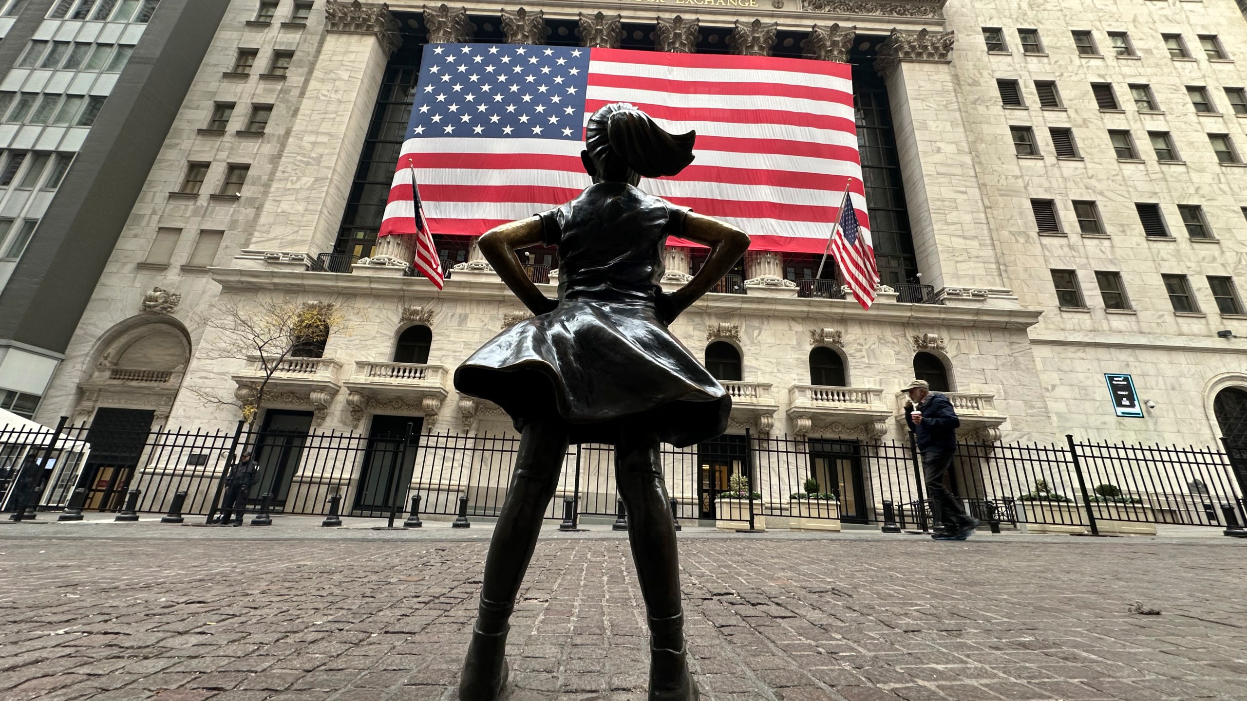 FILE - The Fearless Girl statue stands in front of the New York Stock Exchange in New York's Financial District on Tuesday, Nov. 5, 2024. (AP Photo/Peter Morgan, File)