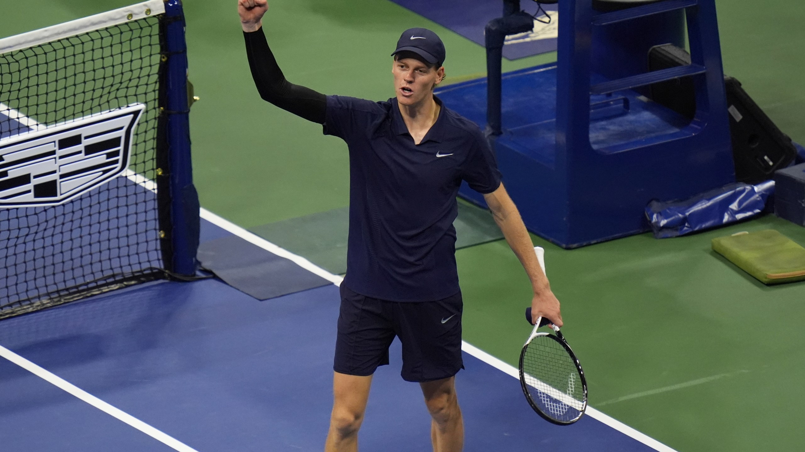 Jannik Sinner, of Italy, reacts after defeating Felix Auger-Aliassime, of Canada, during the men's singles semifinals of the U.S. Open tennis championships, Friday, Sept. 5, 2025, in New York. (AP Photo/Seth Wenig)