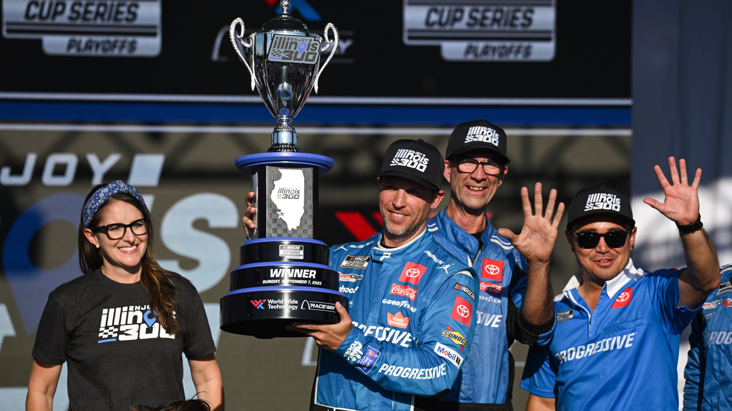 Denny Hamlin, second from left, celebrates after winning a NASCAR Cup Series auto race at World Wide Technology Raceway, Sunday, Sept. 7, 2025, in Madison, Ill. (AP Photo/Connor Hamilton)