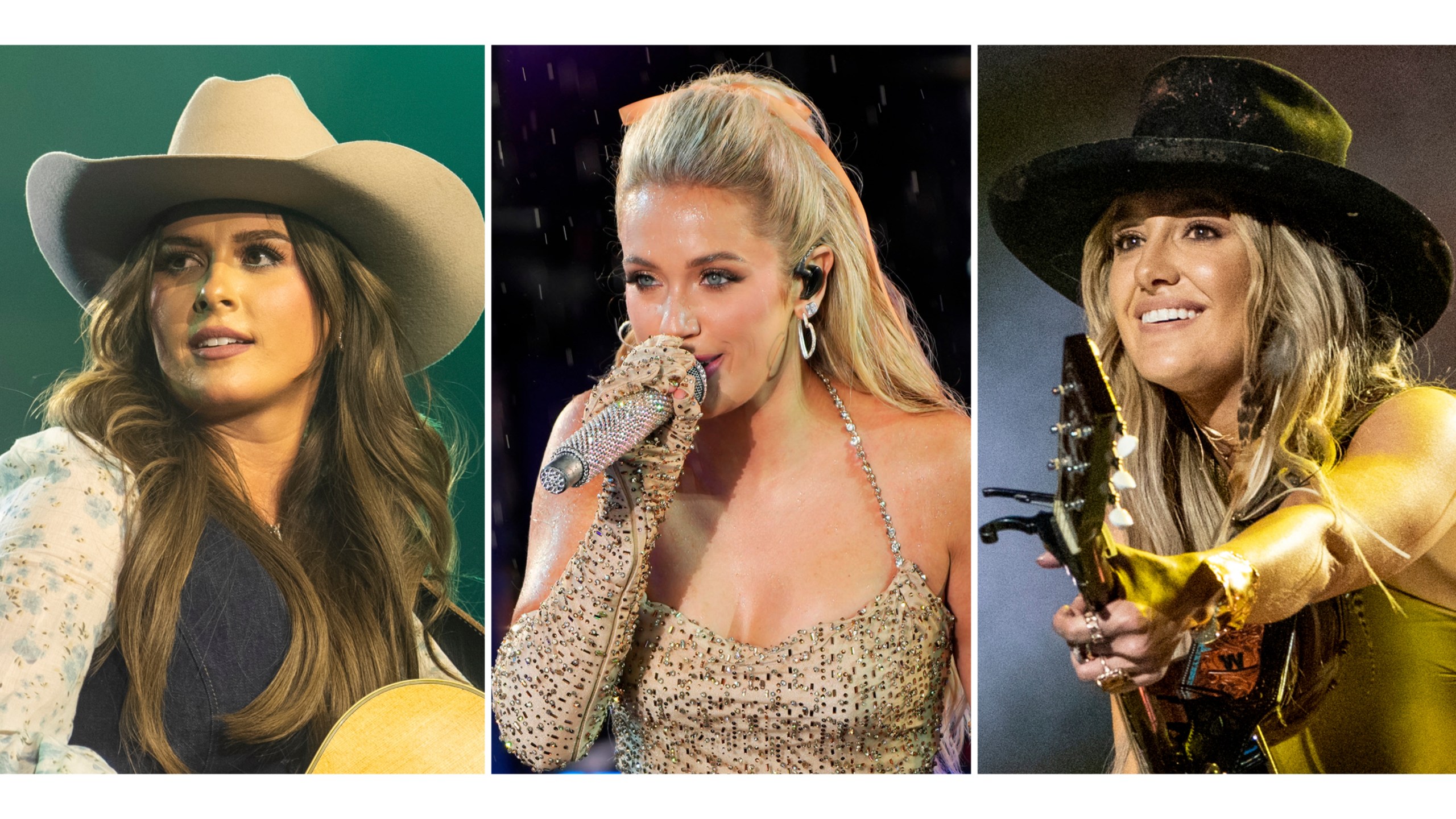 This combination of photos shows Ella Langley performing in Nashville, Tenn., on Feb. 28, 2024, left, Megan Moroney performing in New York on Dec. 31, 2024, center, and Lainey Wilson performing in Nashville, Tenn., on June 9, 2023. (AP Photo)