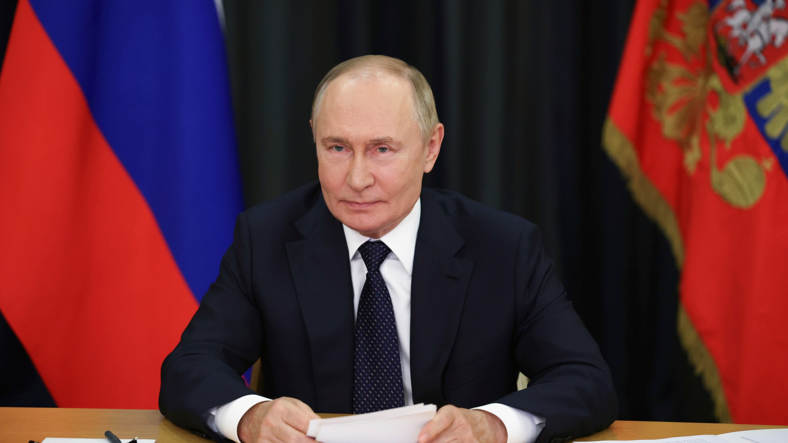Russian President Vladimir Putin takes part, via videoconference in Sochi, Russia, Monday, Sept. 8, 2025, in the main plenary session of the 17th BRICS Summit in Rio de Janeiro under Brazilian Chairmanship. (Vyacheslav Prokofyev, Sputnik, Kremlin Pool Photo via AP)