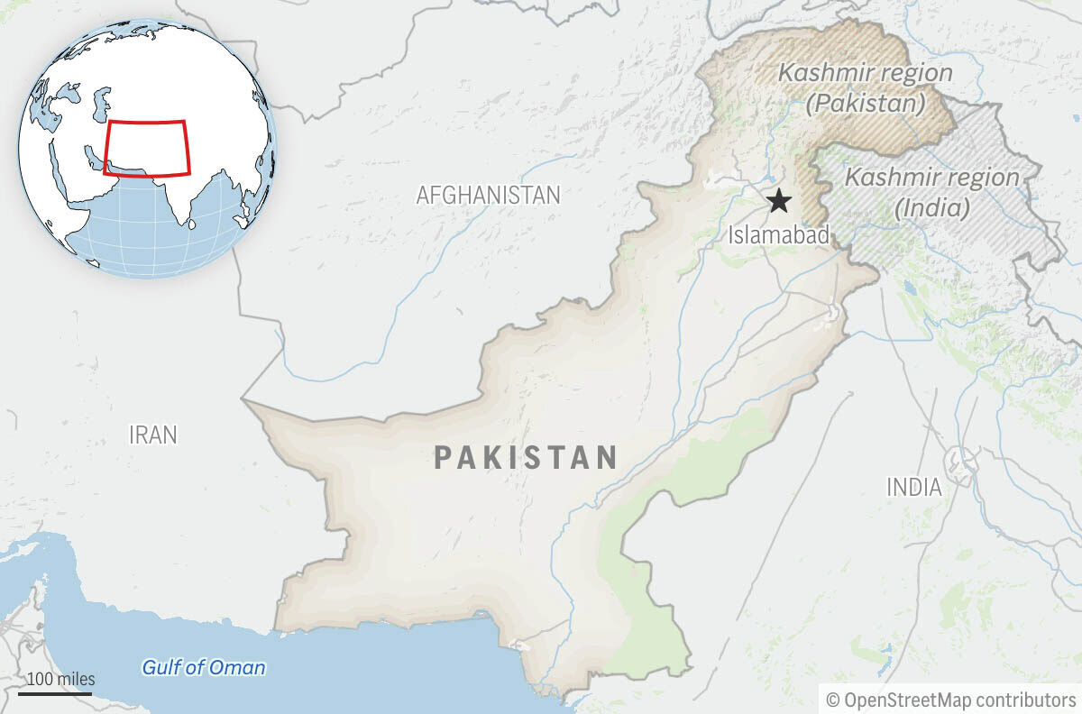 This is a locator map for Pakistan with its capital, Islamabad, and the Kashmir region. (AP Photo)