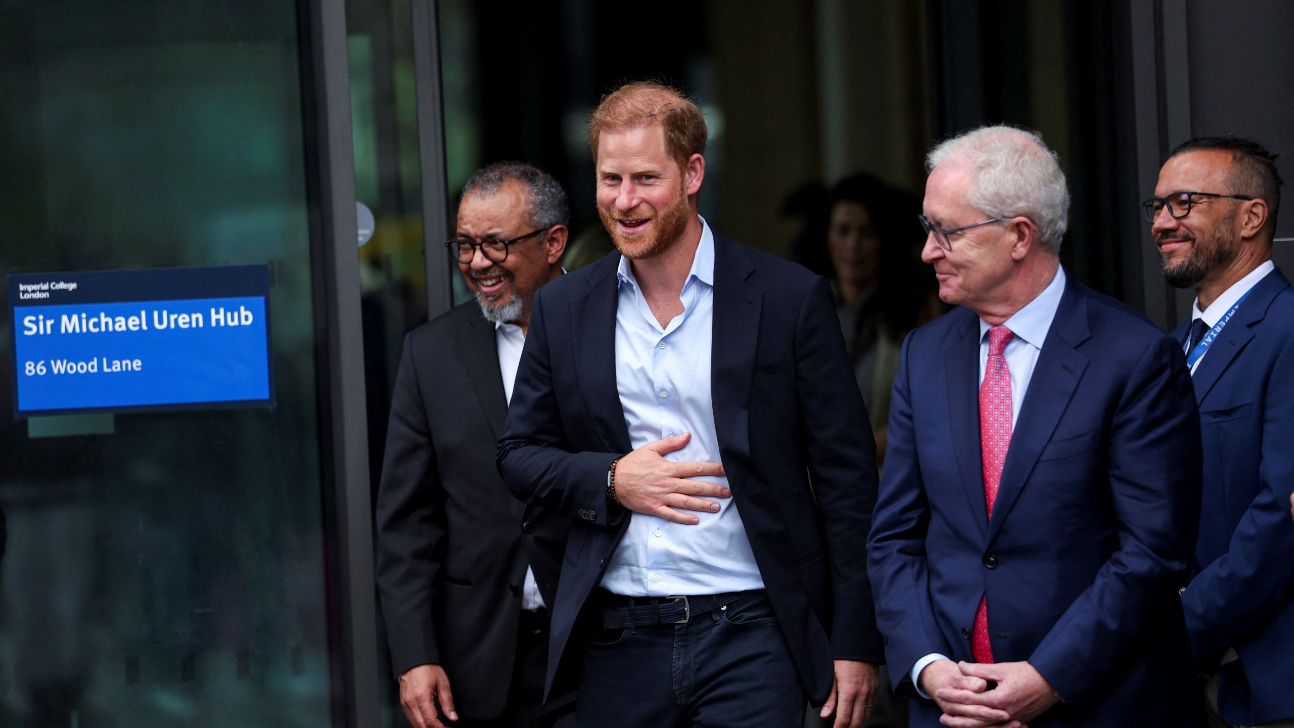 Britain's Prince Harry reacts, as he departs, following his visit to Centre for Blast Injury Studies at Imperial College London, in London, Wednesday, Sept. 10, 2025. (Suzanne Plunkett, Pool Photo via AP)