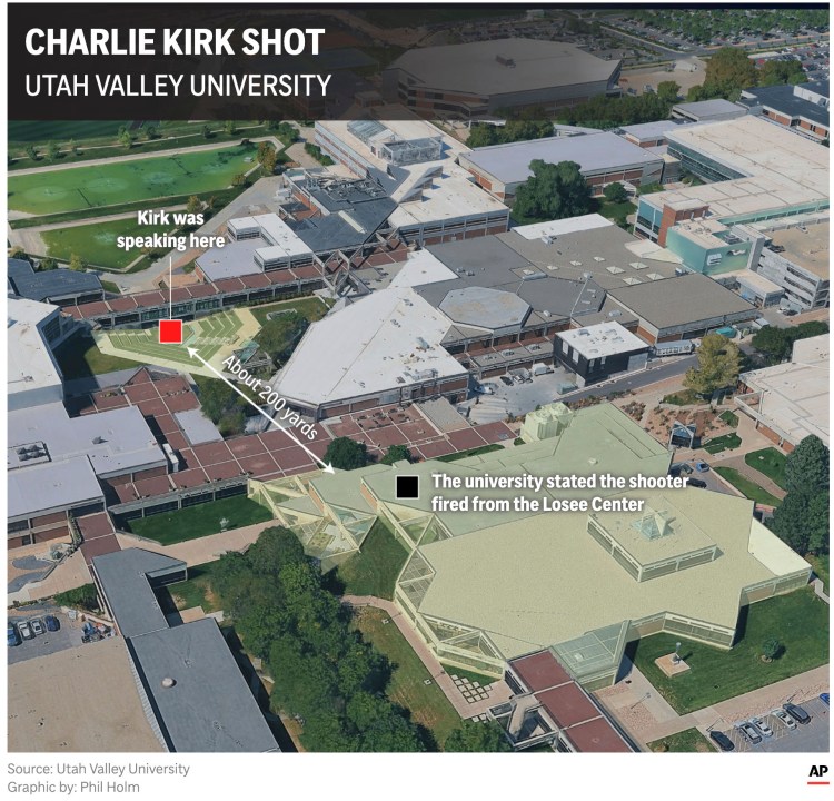 The map above shows the site on the Utah Valley University campus where conservative activist Charlie Kirk was shot. (AP Digital Embed)