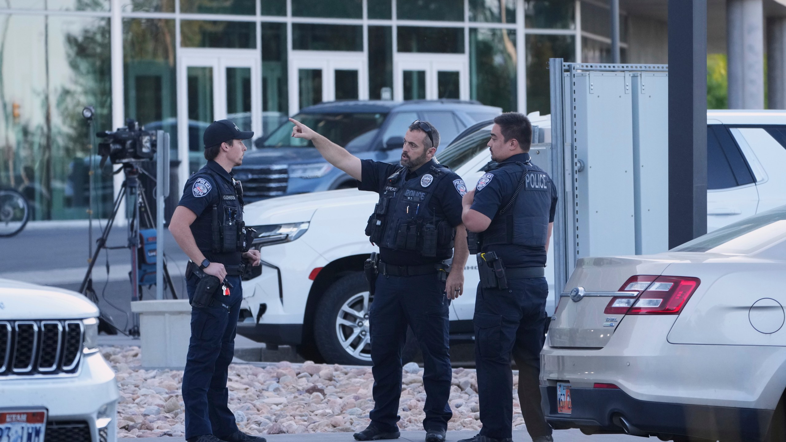 Orem police monitor the campus at Utah Valley University a day after Charlie Kirk was shot and killed, in Orem, Utah, Thursday,, Sept. 11, 2025. (AP Photo/Lindsey Wasson)