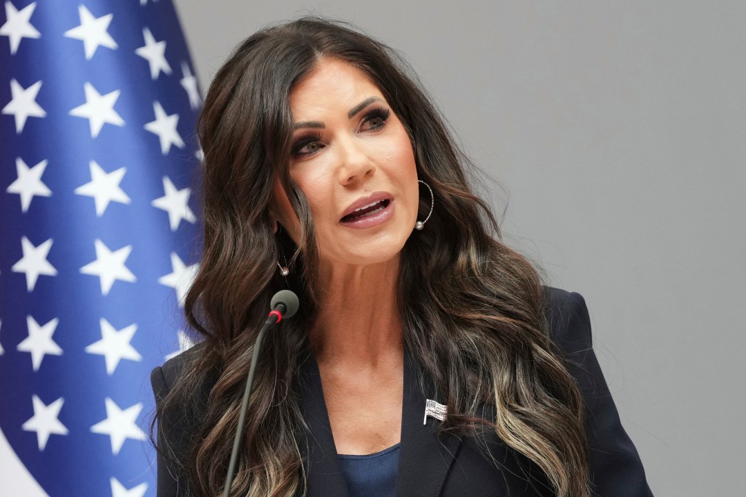 United States Secretary of Homeland Security Kristi Noem addresses the media during a visit to the Port of Antwerp in Antwerp, Belgium, Wednesday, Sept. 10, 2025. (AP Photo/Virginia Mayo)