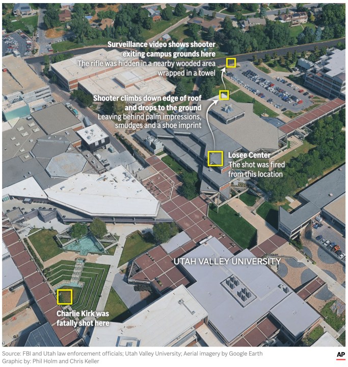 The map above shows the site on the Utah Valley University campus where conservative activist Charlie Kirk was shot. (AP Digital Embed)