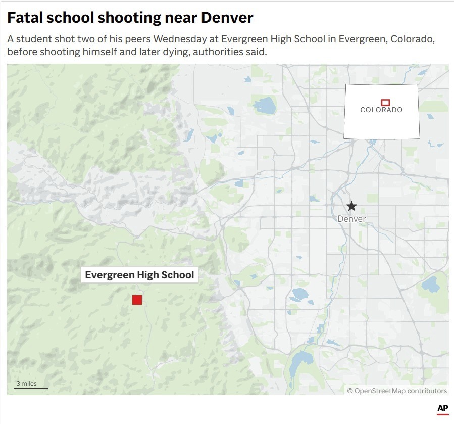 The map above located Evergreen High School and Denver. (AP Digital Embed)