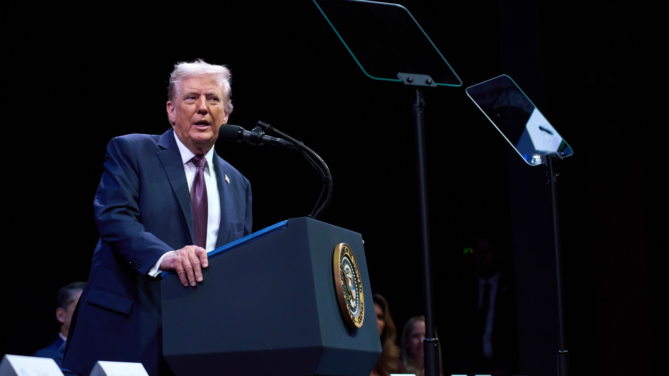 President Donald Trump speaks to the White House Religious Liberty Commission during an event at the Museum of the Bible, Monday, Sept. 8, 2025, in Washington. (AP Photo/Evan Vucci)