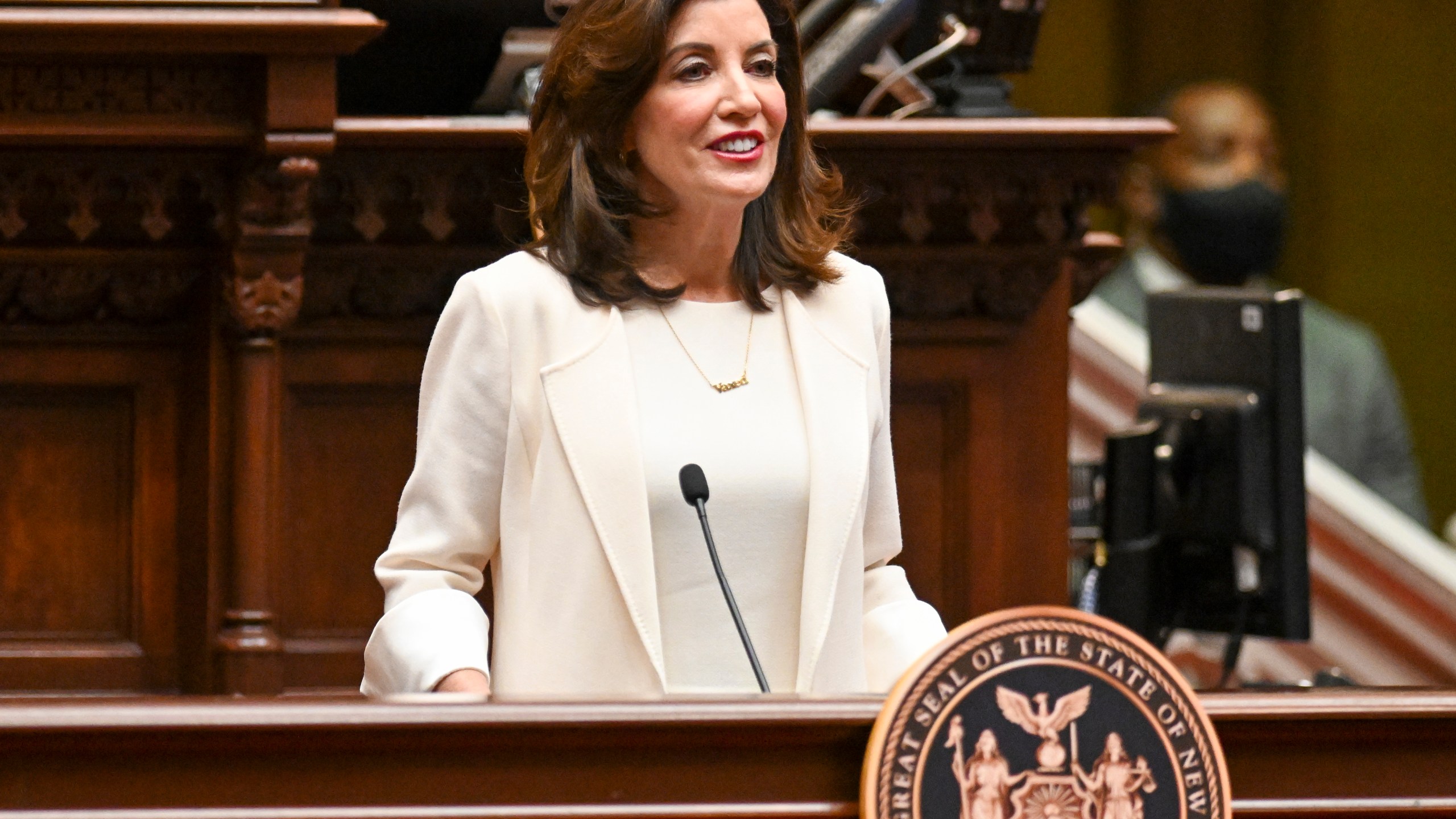 FILE - New York Gov. Kathy Hochul delivers her first State of the State address in the Assembly Chamber at the state Capitol, on Jan. 5, 2022, in Albany, N.Y. (AP Photo/Hans Pennink, Pool, File)
