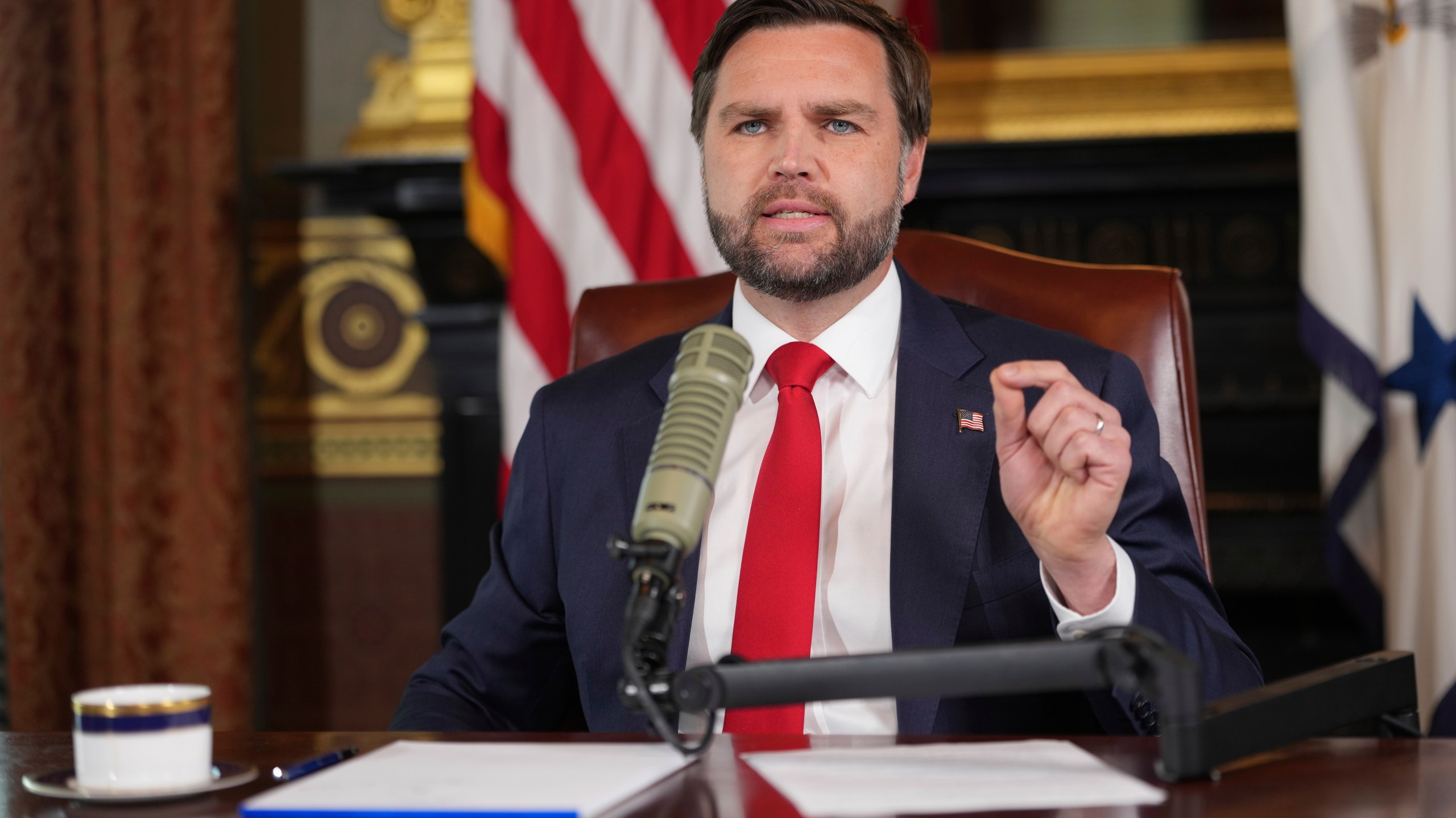 Vice President JD Vance hosts an episode of "The Charlie Kirk Show" at the White House, following the assassination of the show's namesake, Monday, Sept., 15, 2025, in Washington. (Doug Mills/The New York Times via AP, Pool)