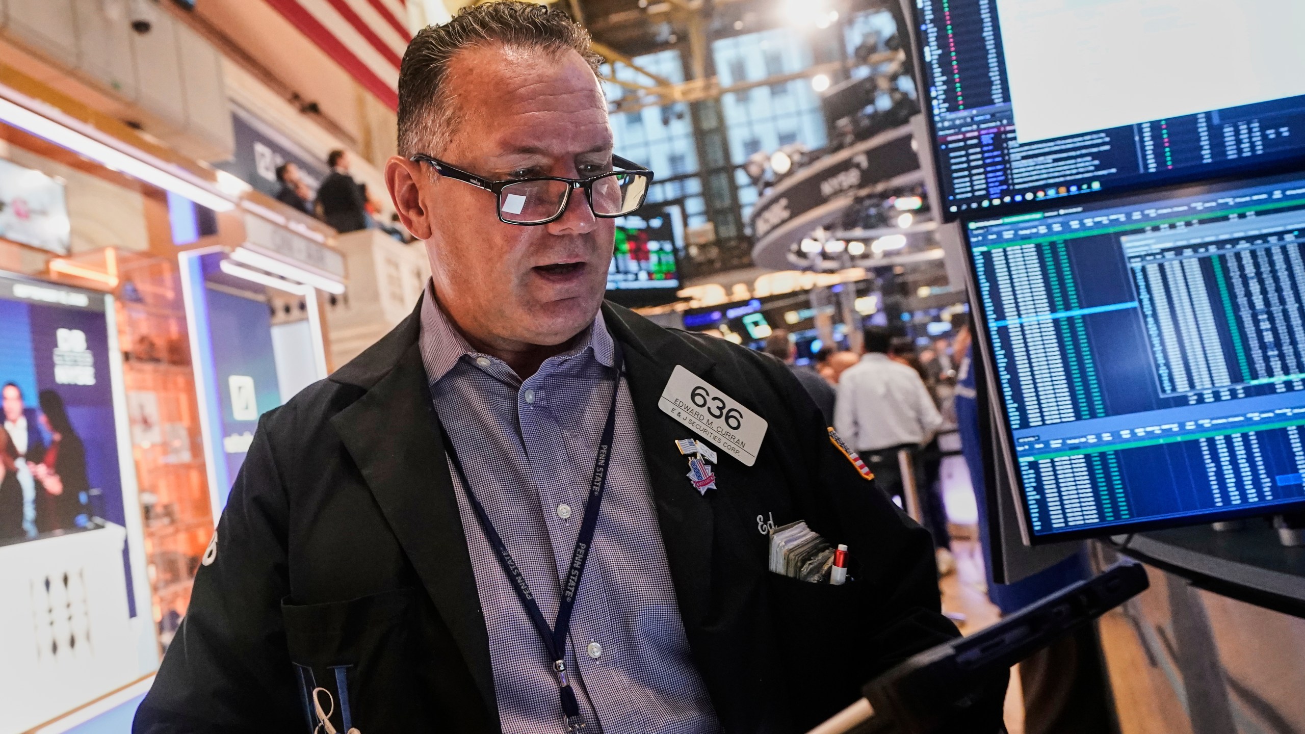 Trader Edward Curran works on the floor of the New York Stock Exchange, Monday, Sept. 15, 2025. (AP Photo/Richard Drew)