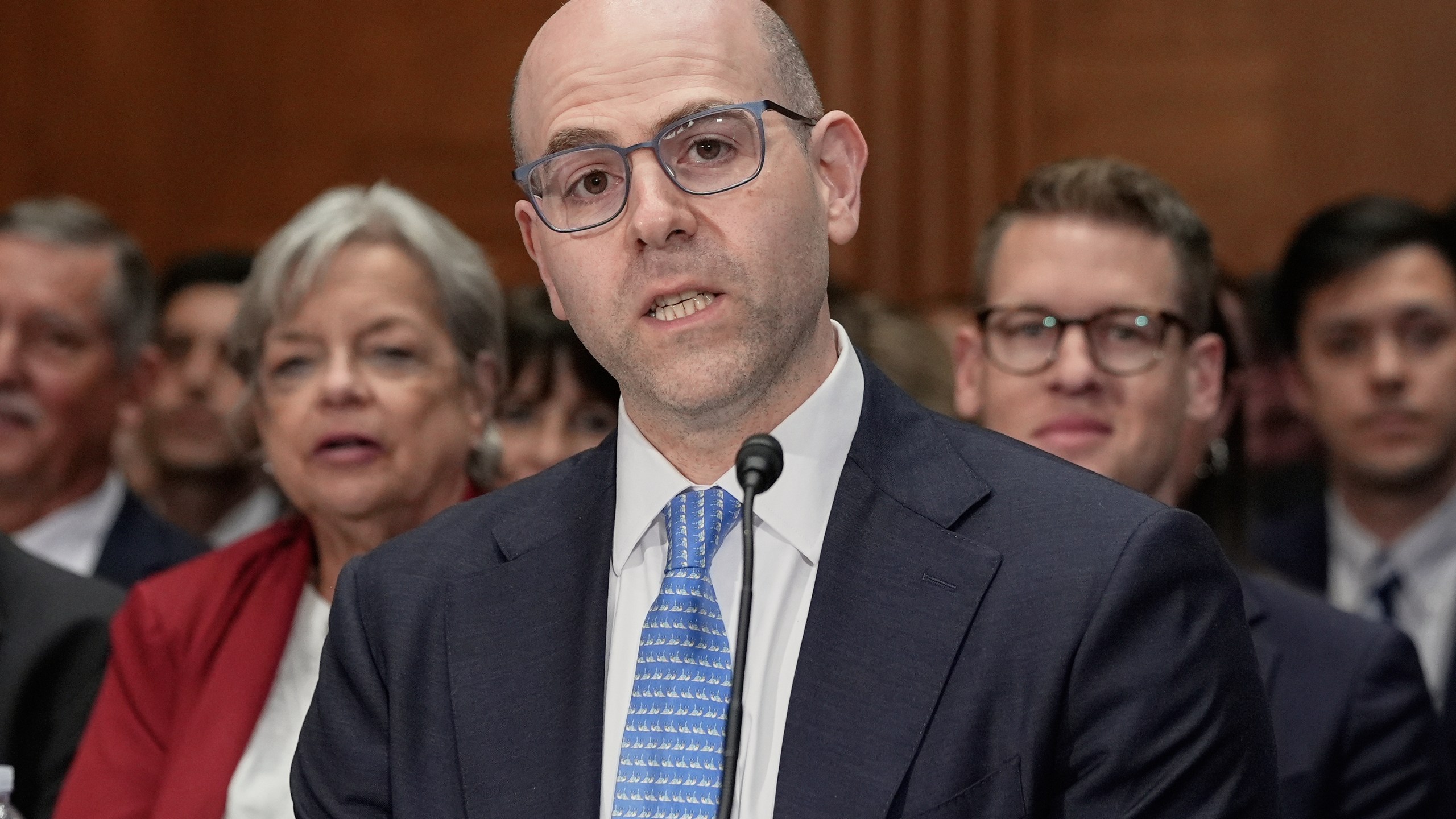 Stephen Miran testifies during a Senate Banking Committee hearing on his nomination to be a member of the Board of Governors of the Federal Reserve System, on Capitol Hill Thursday, Sept. 4, 2025, in Washington. (AP Photo/Mariam Zuhaib)