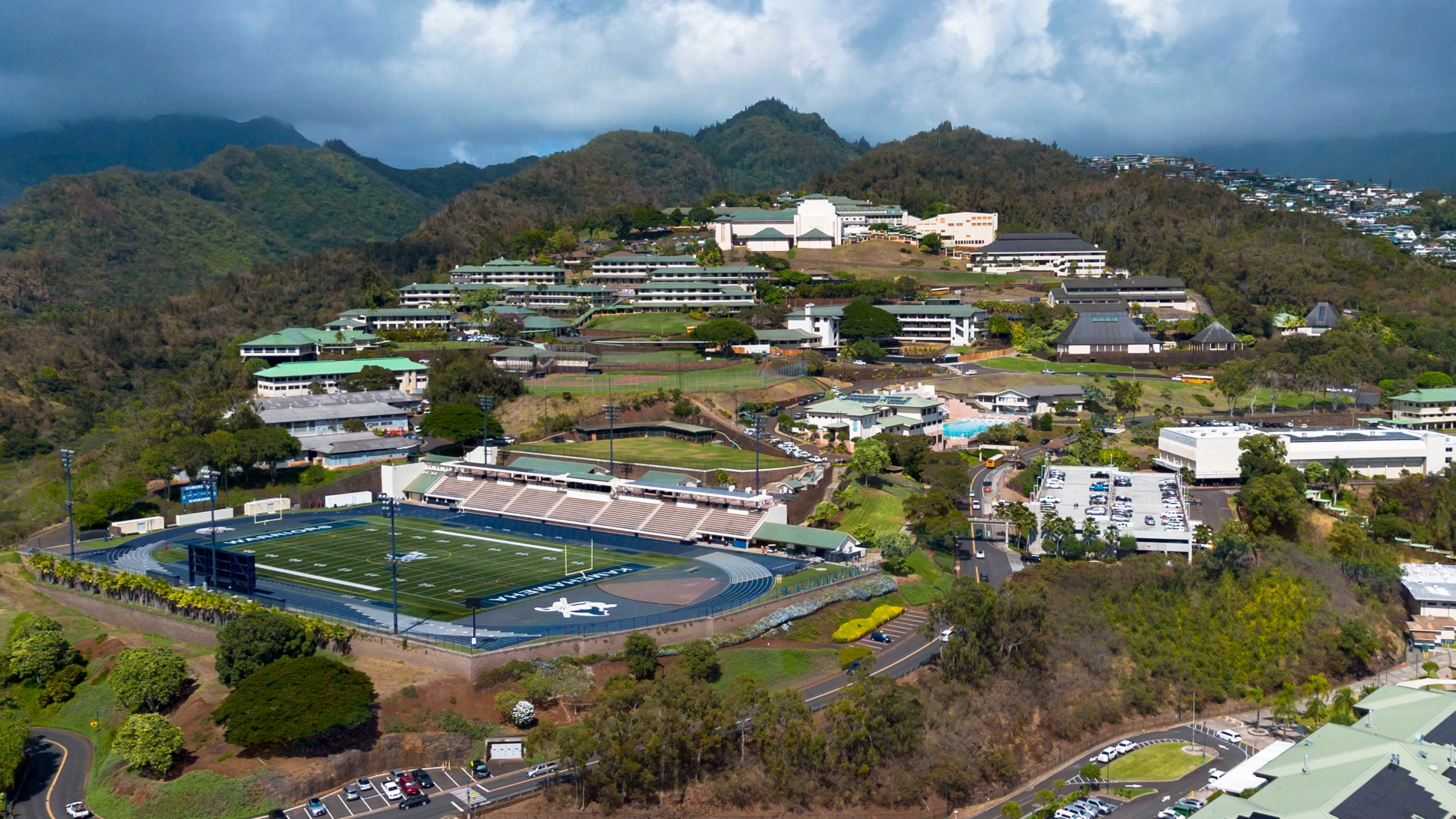An aerial view shows the Kamehameha Schools campu in Honolulu, on Thursday, Sept. 11, 2025. (AP Photo/Mengshin Lin)