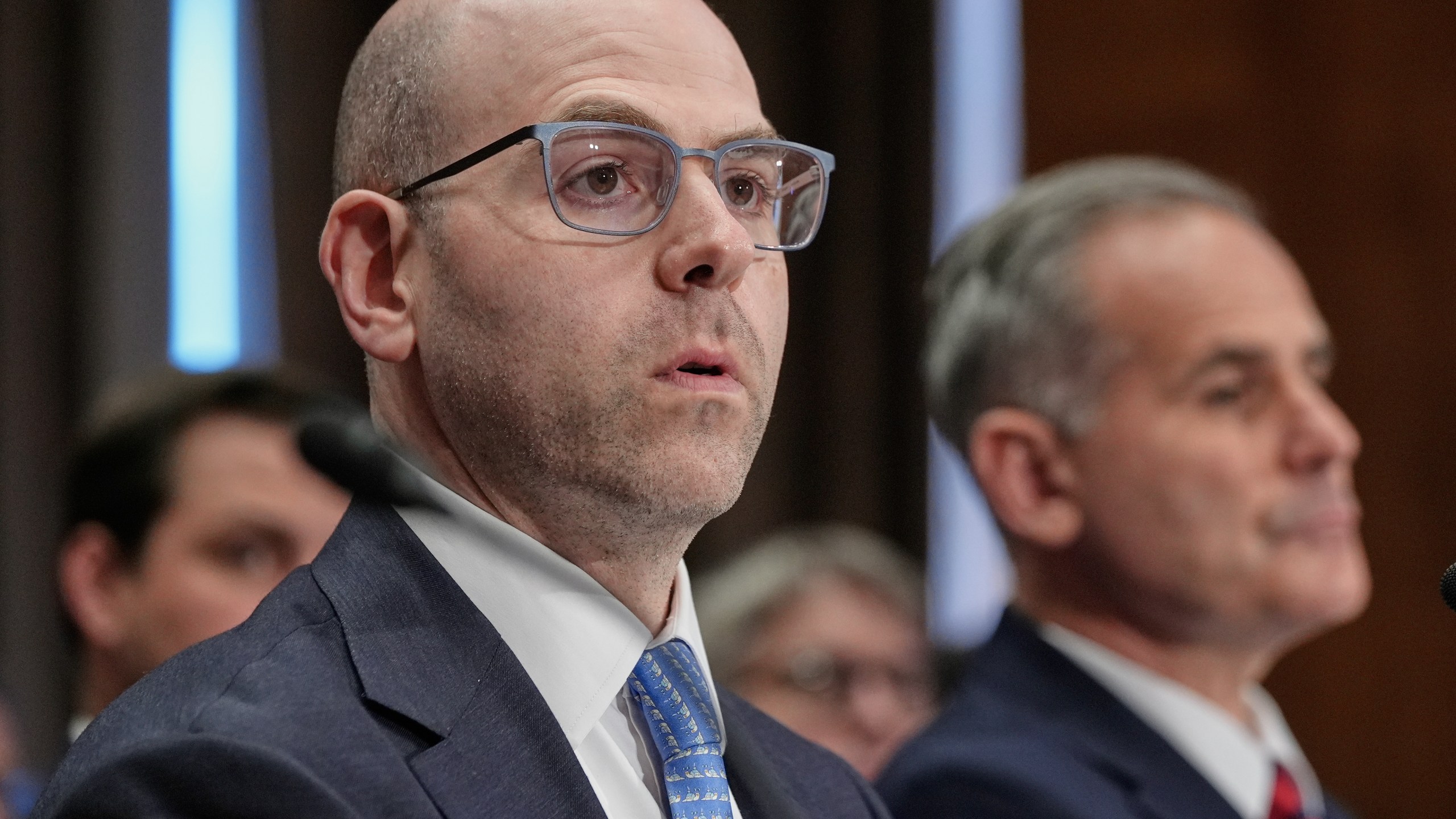 Stephen Miran testifies during a Senate Banking Committee hearing on his nomination to be a member of the Board of Governors of the Federal Reserve System, on Capitol Hill Thursday, Sept. 4, 2025, in Washington. (AP Photo/Mariam Zuhaib)